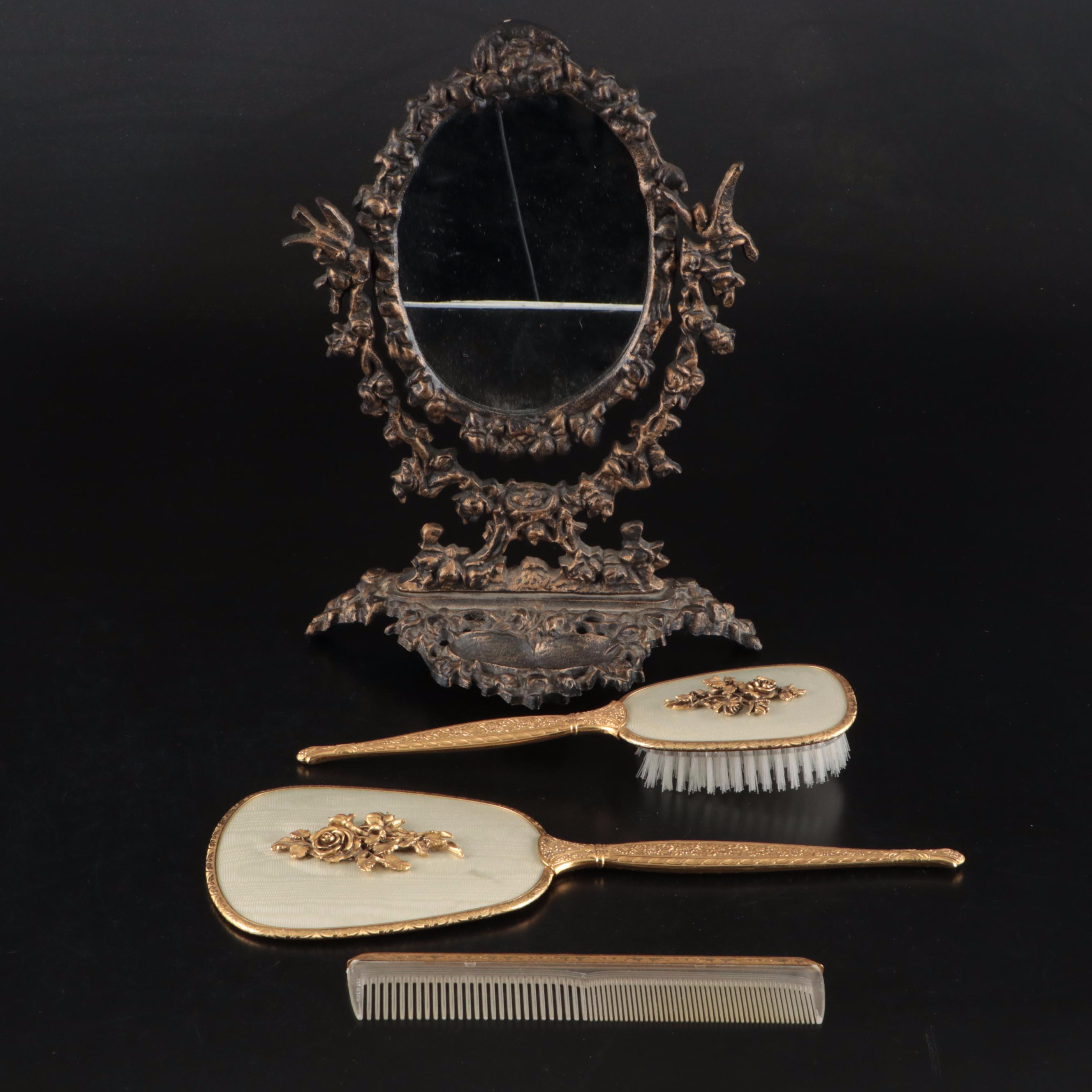 Rococo Style Metal Vanity Mirror with Gold Finish Hand Mirror, Comb, and Brush