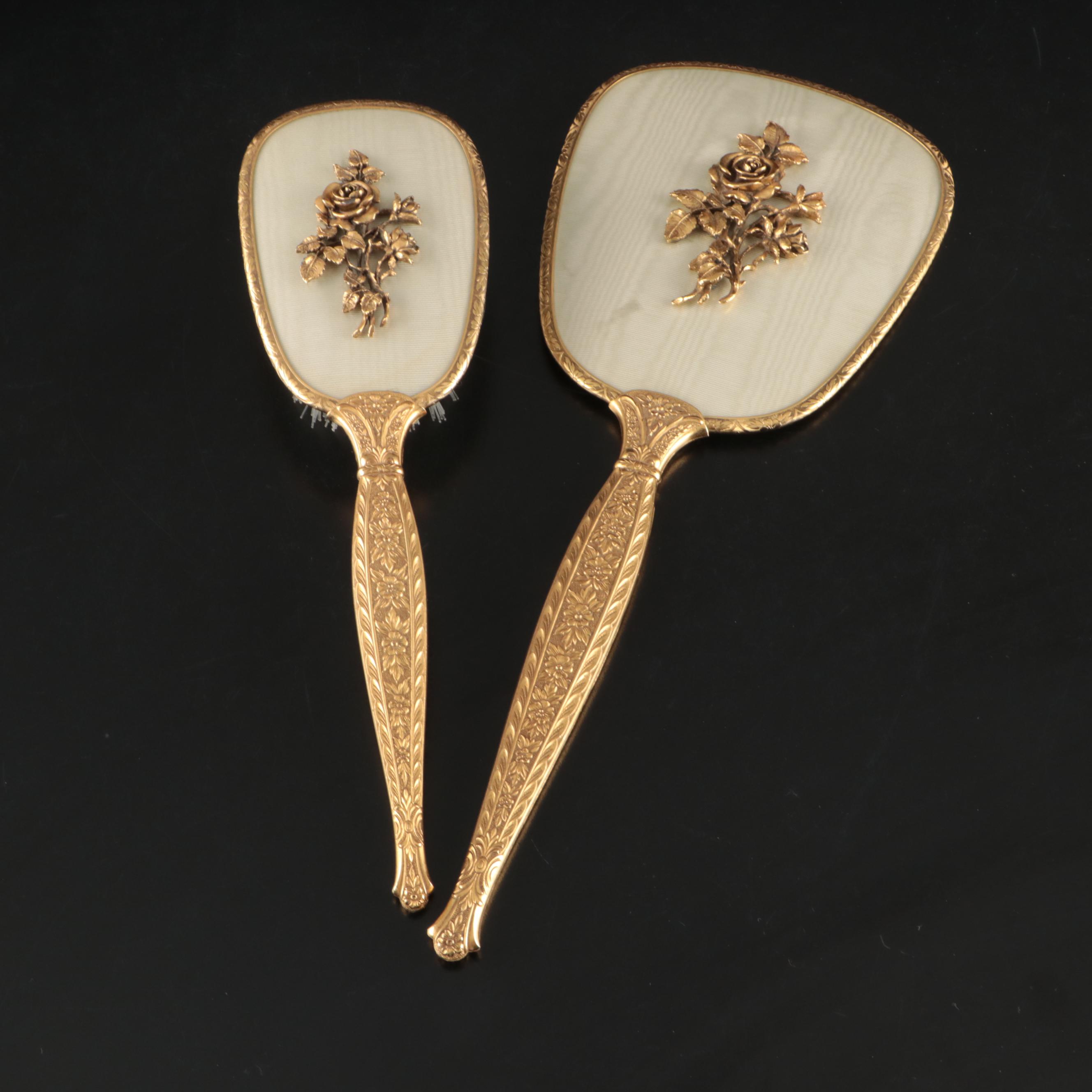 Rococo Style Metal Vanity Mirror with Gold Finish Hand Mirror, Comb, and Brush