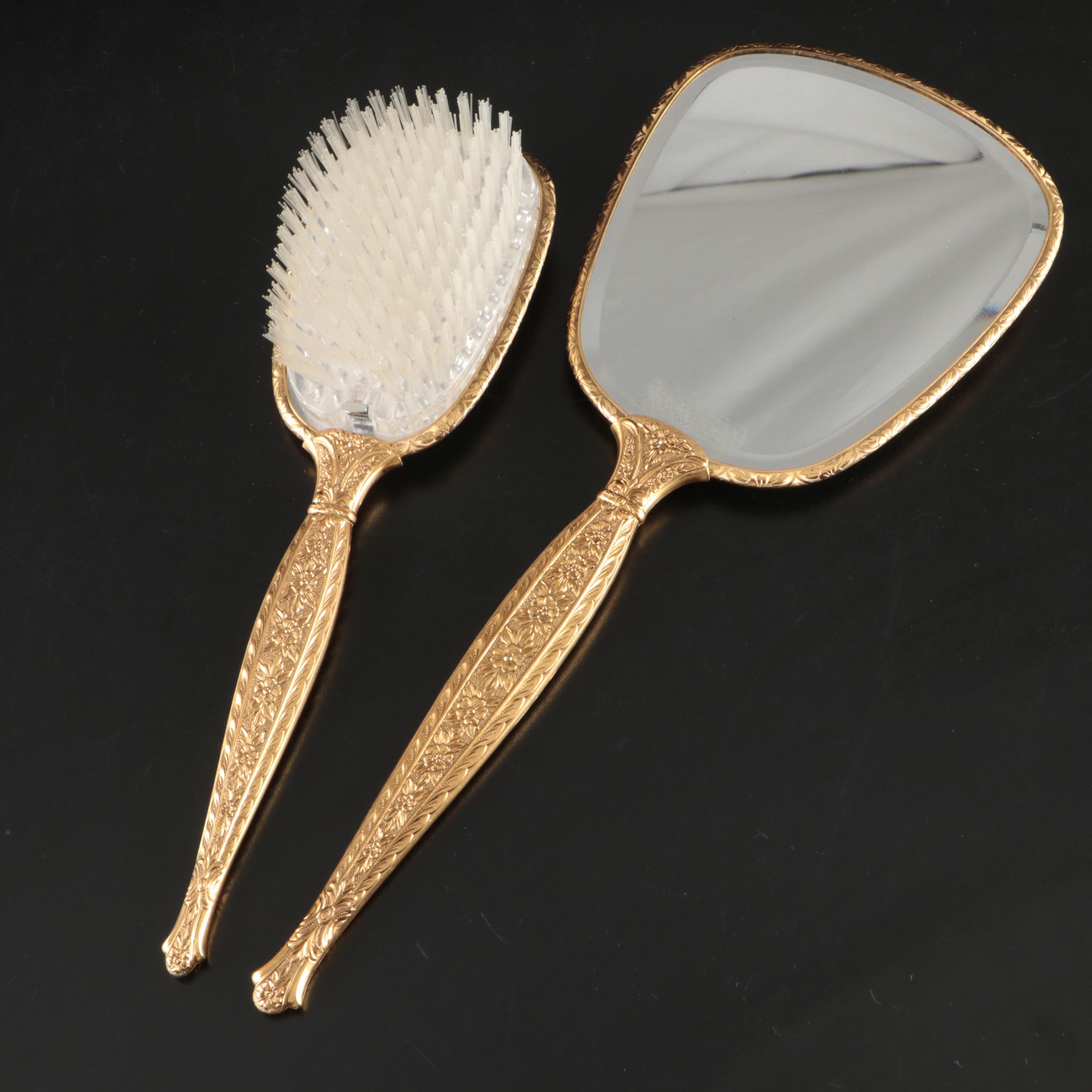 Rococo Style Metal Vanity Mirror with Gold Finish Hand Mirror, Comb, and Brush