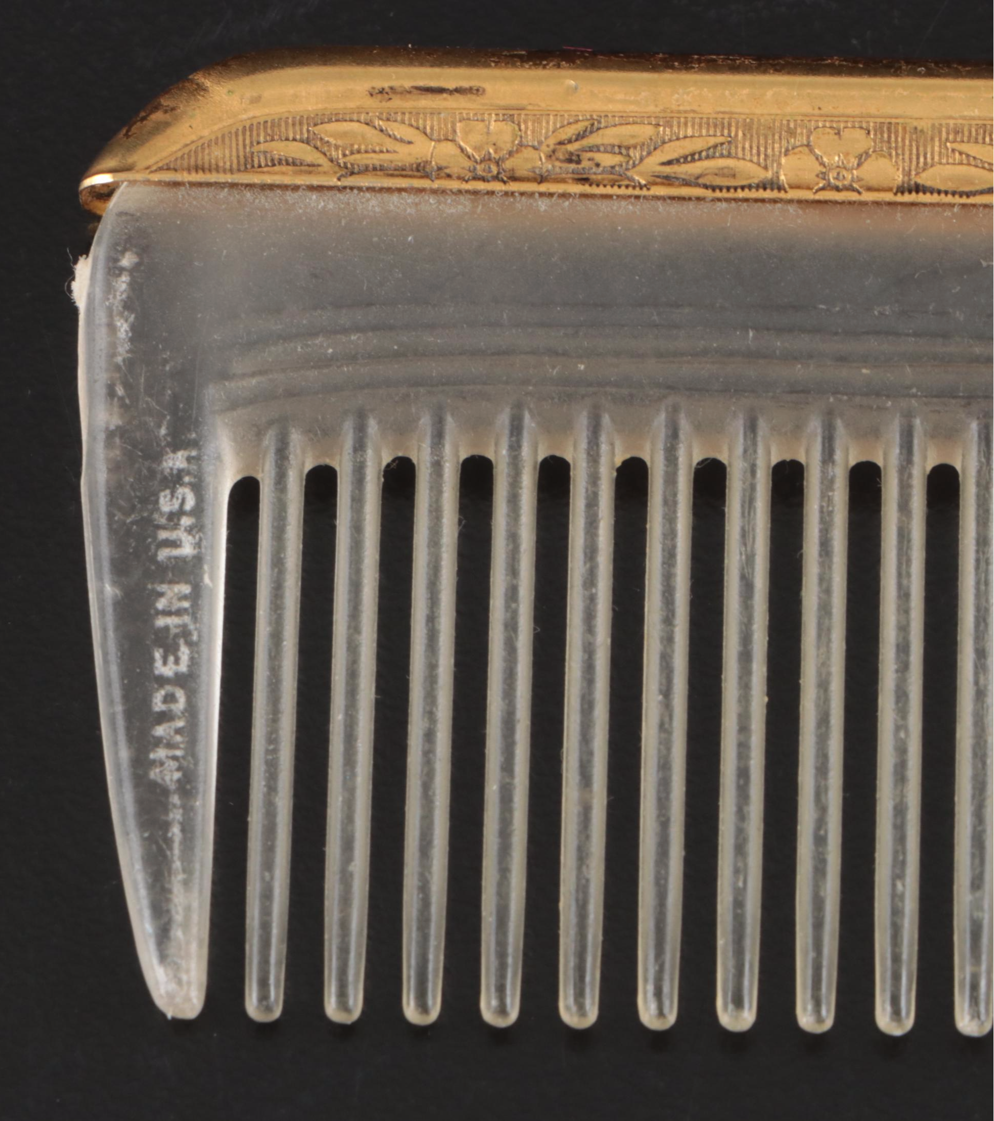 Rococo Style Metal Vanity Mirror with Gold Finish Hand Mirror, Comb, and Brush