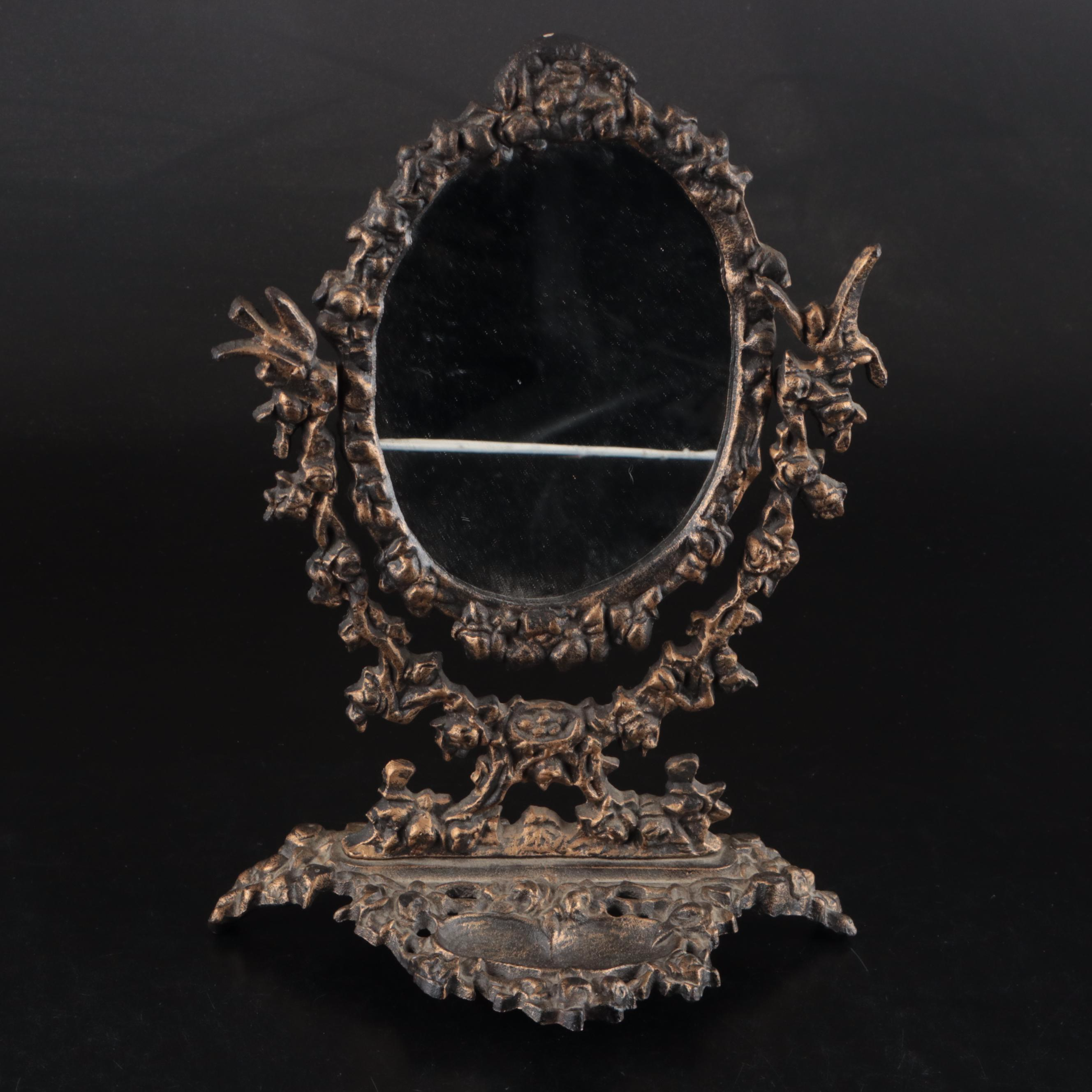 Rococo Style Metal Vanity Mirror with Gold Finish Hand Mirror, Comb, and Brush