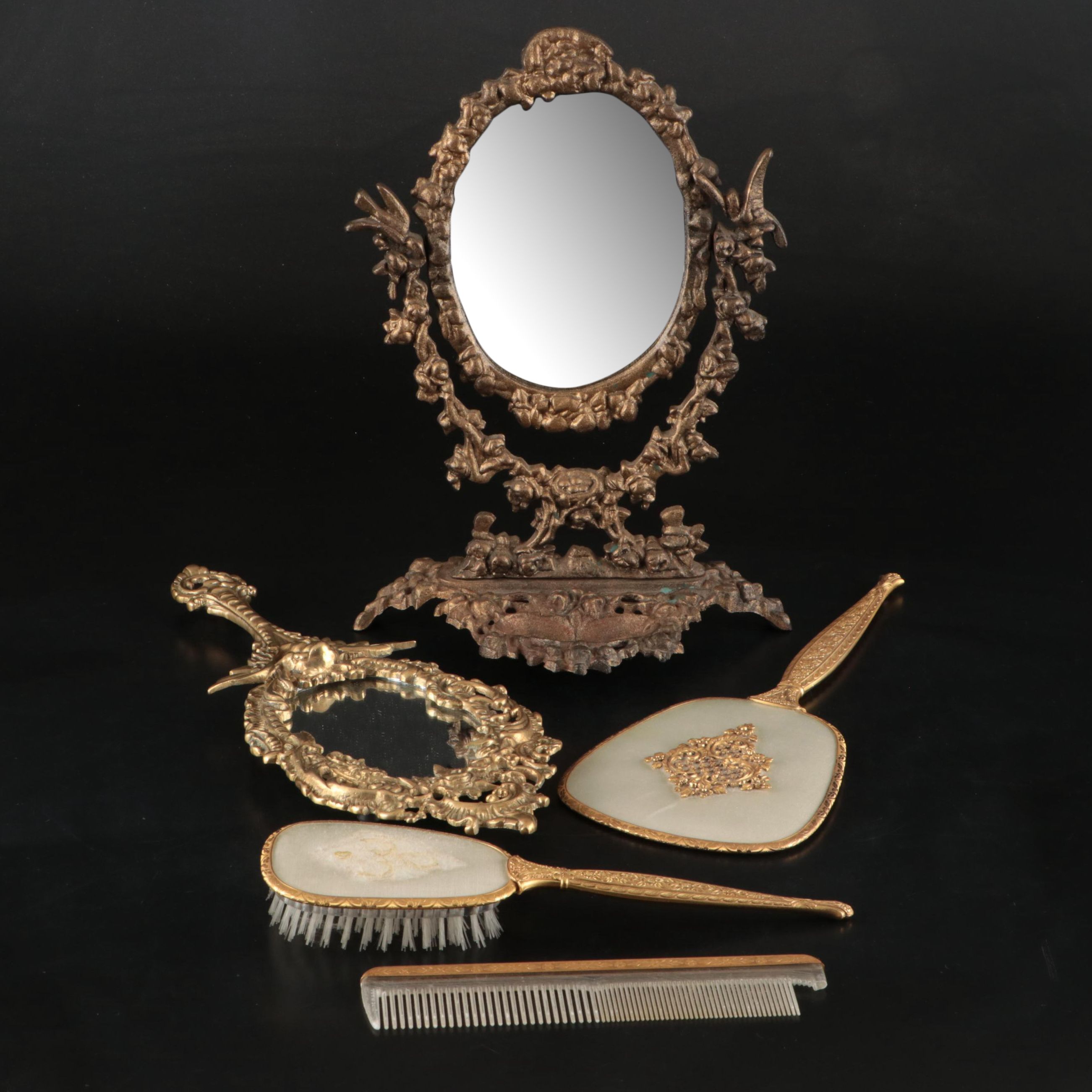 Rococo Style Metal Vanity Mirror with Gold Finish Hand Mirrors, Comb, and Brush