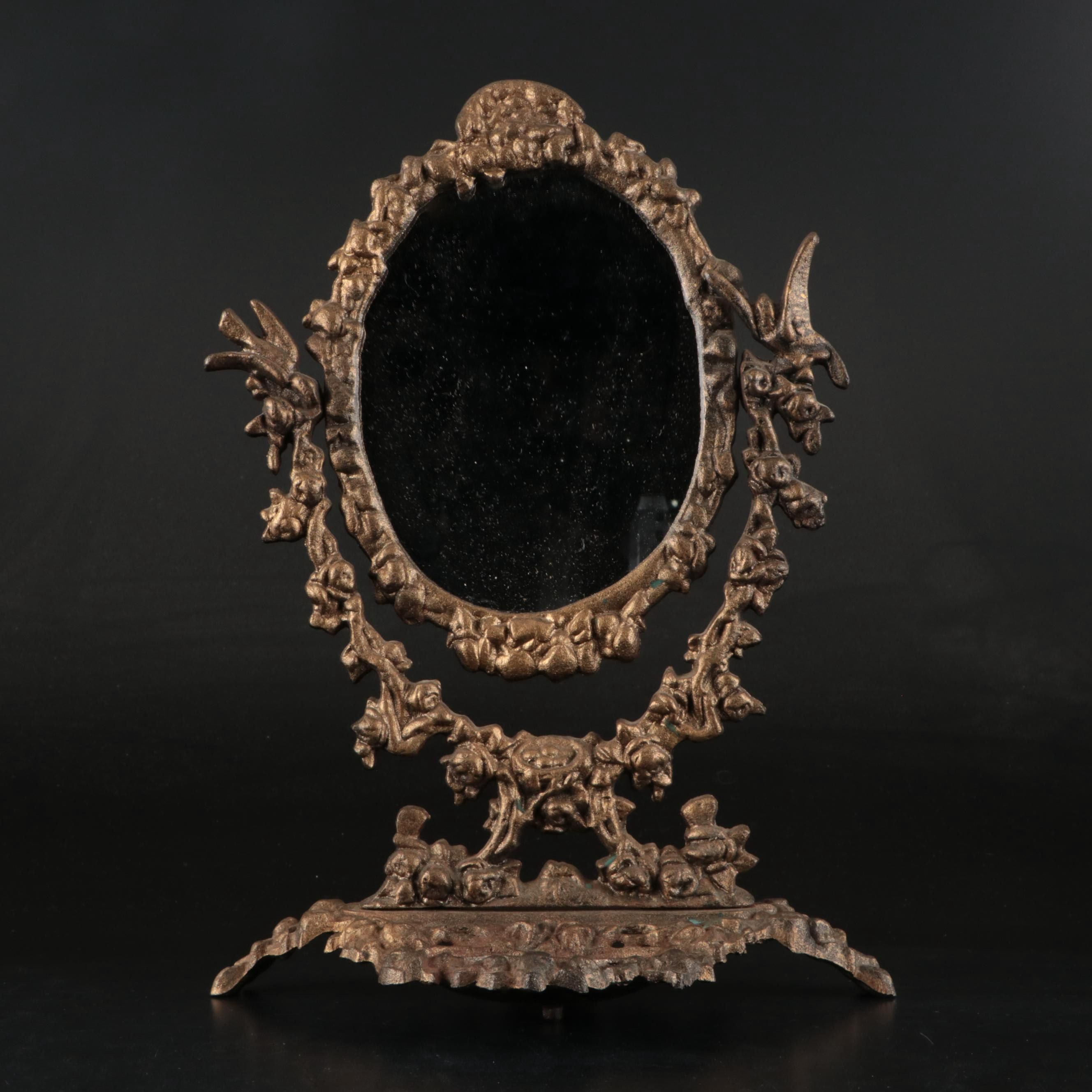Rococo Style Metal Vanity Mirror with Gold Finish Hand Mirrors, Comb, and Brush