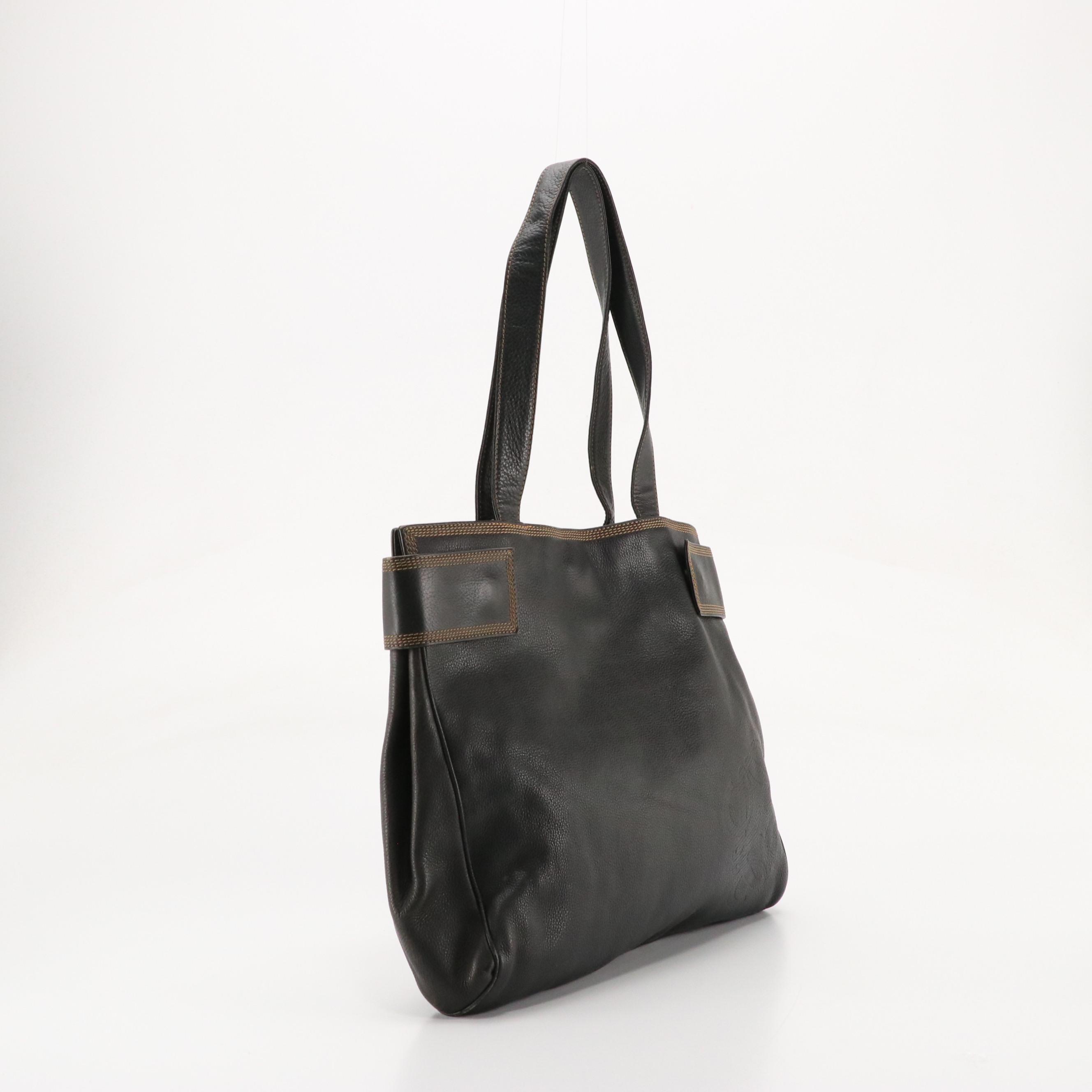 Loewe Top Stitched Shoulder Tote in Black Grained Calfskin Leather