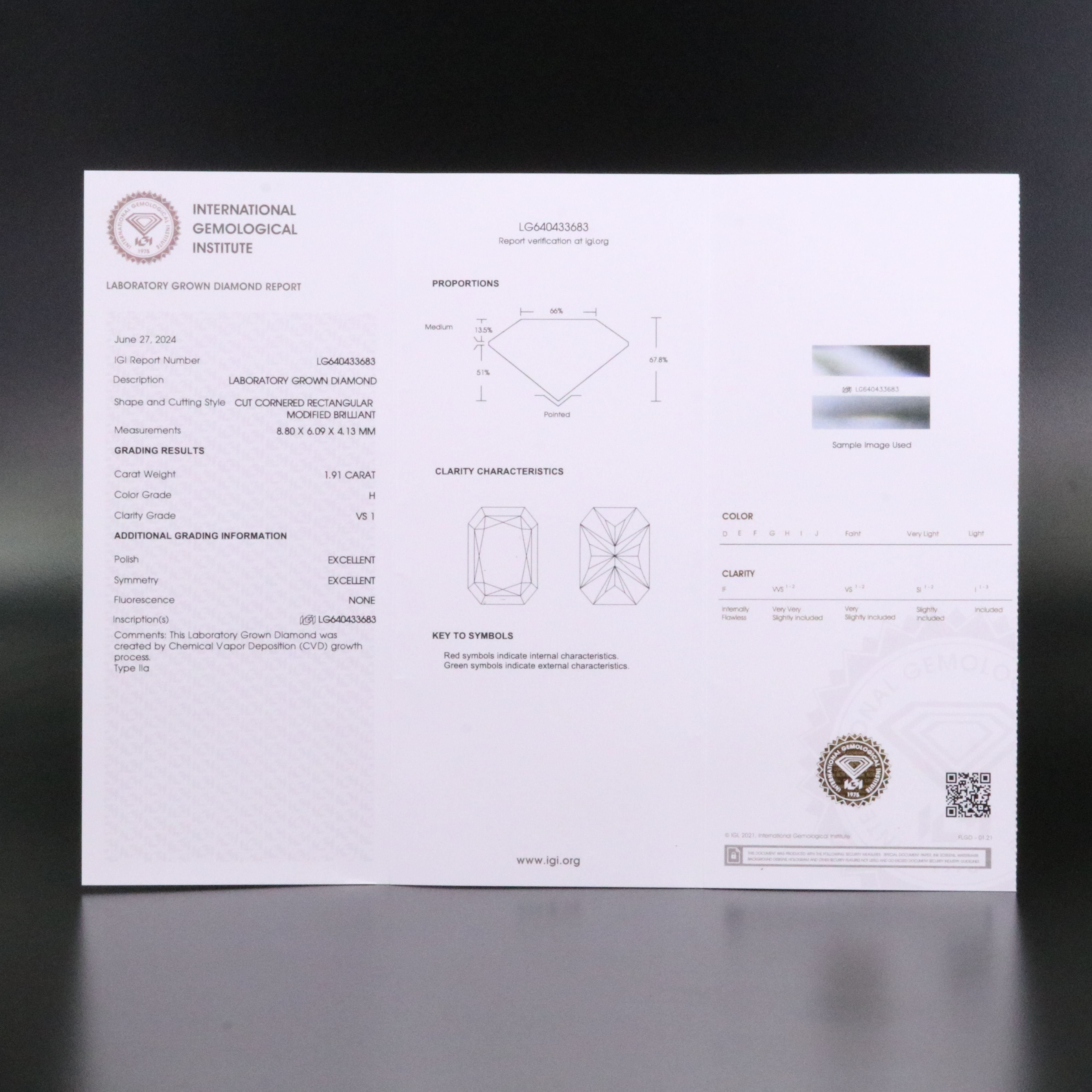 Loose 1.91 CT Lab Grown Diamond with IGI Report