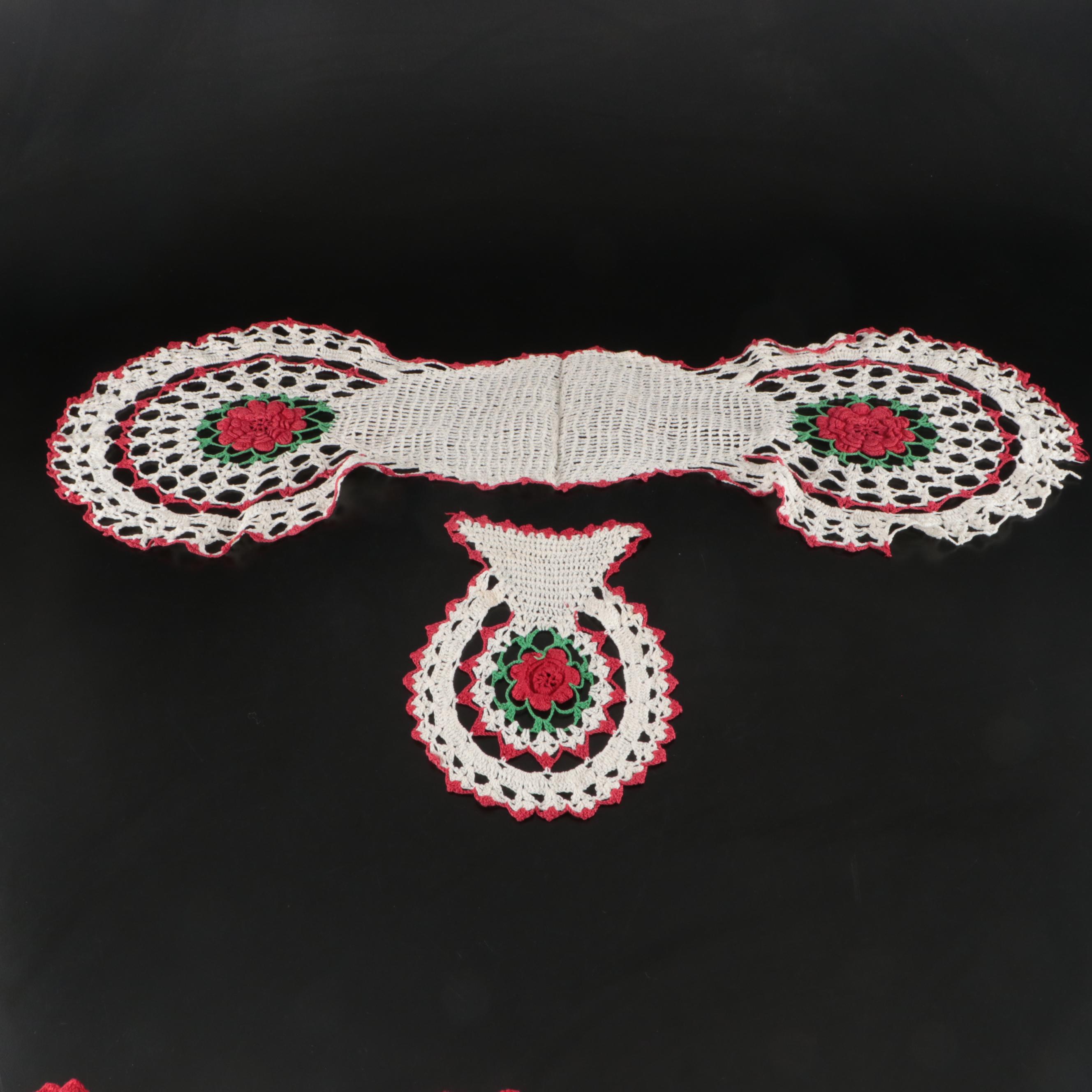 Knitted Cotton Placemats, Dollies, and Runner with Cardboard Storage Boxes