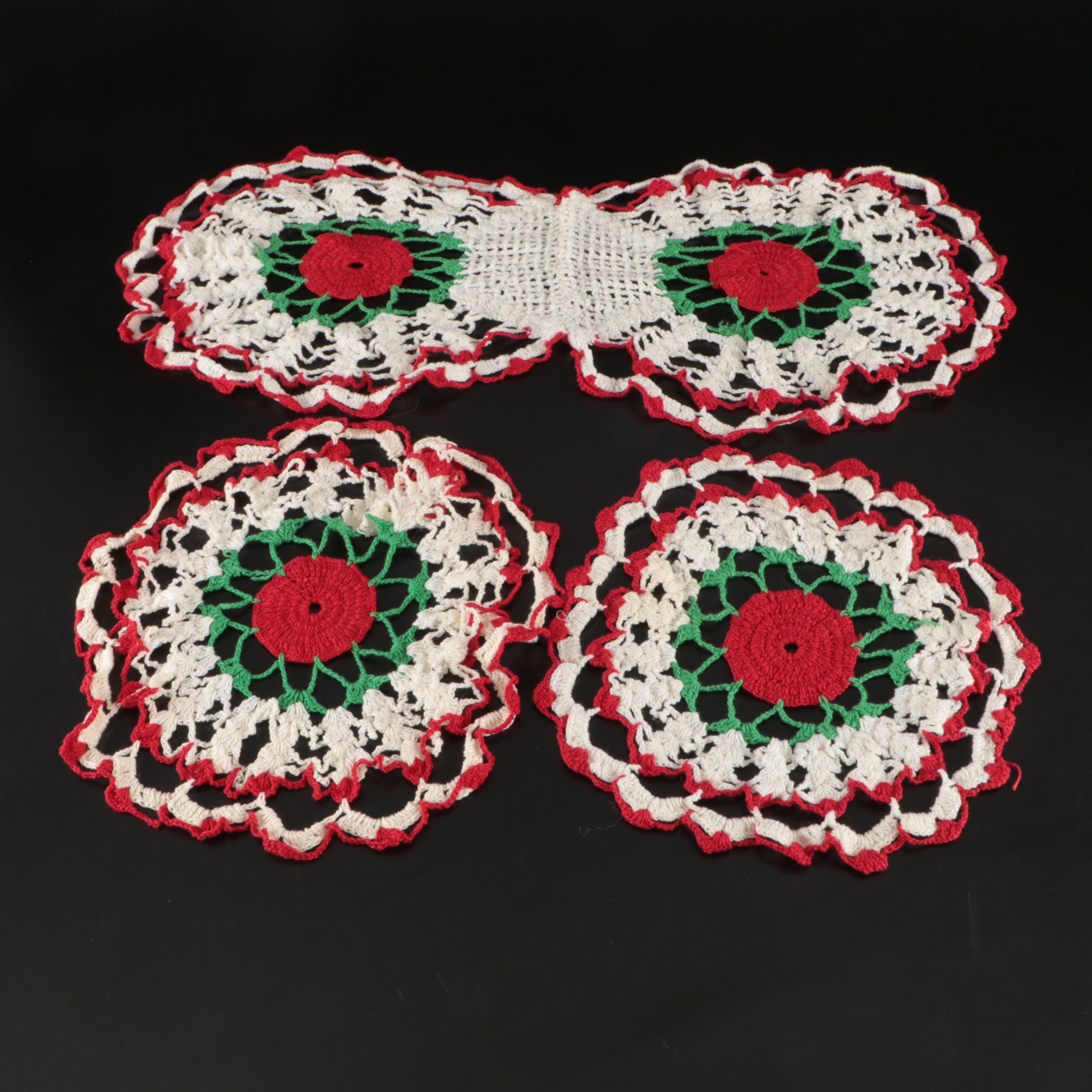 Knitted Cotton Placemats, Dollies, and Runner with Cardboard Storage Boxes