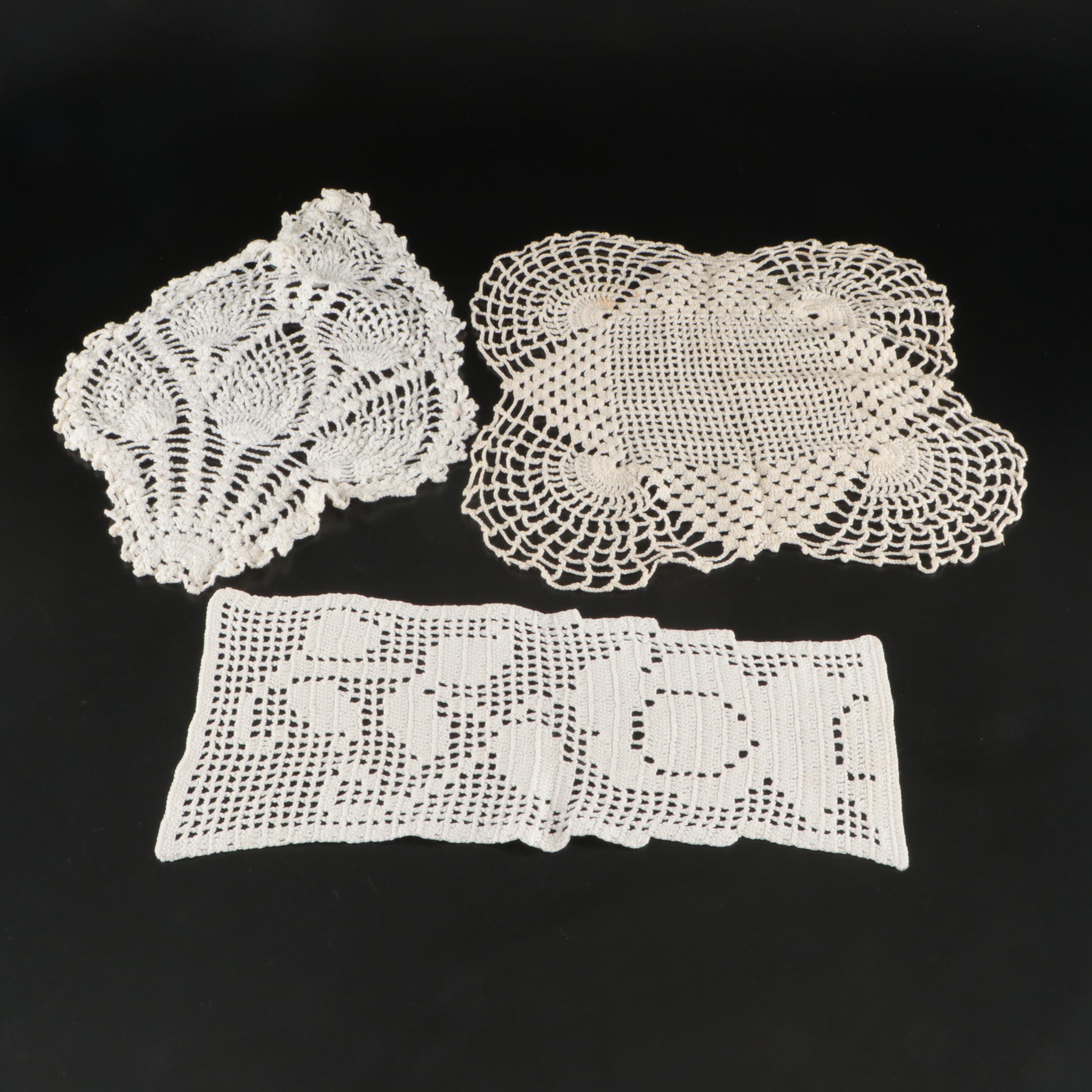 Knitted Cotton Placemats, Dollies, and Runner with Cardboard Storage Boxes