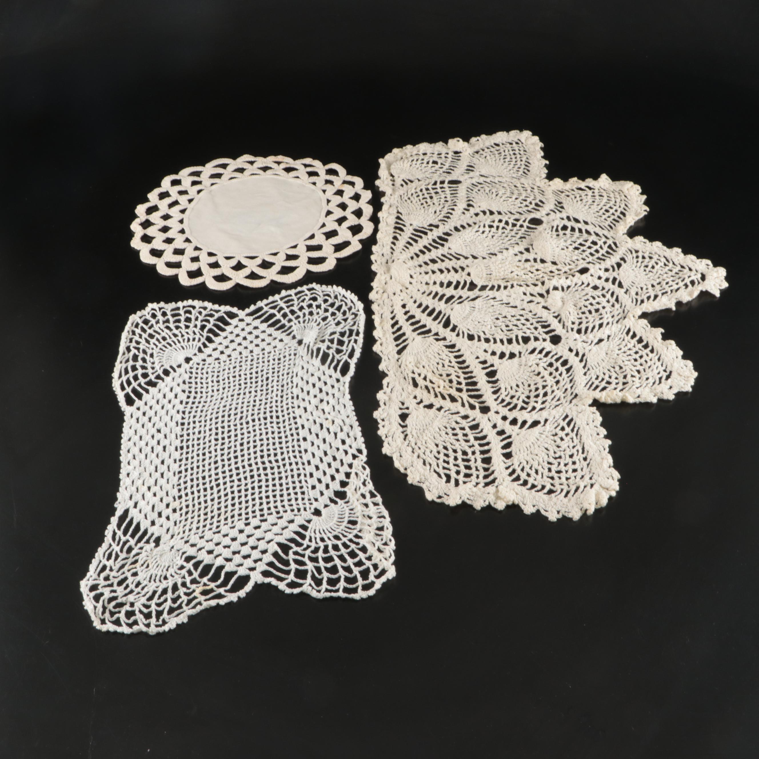 Knitted Cotton Placemats, Dollies, and Runner with Cardboard Storage Boxes