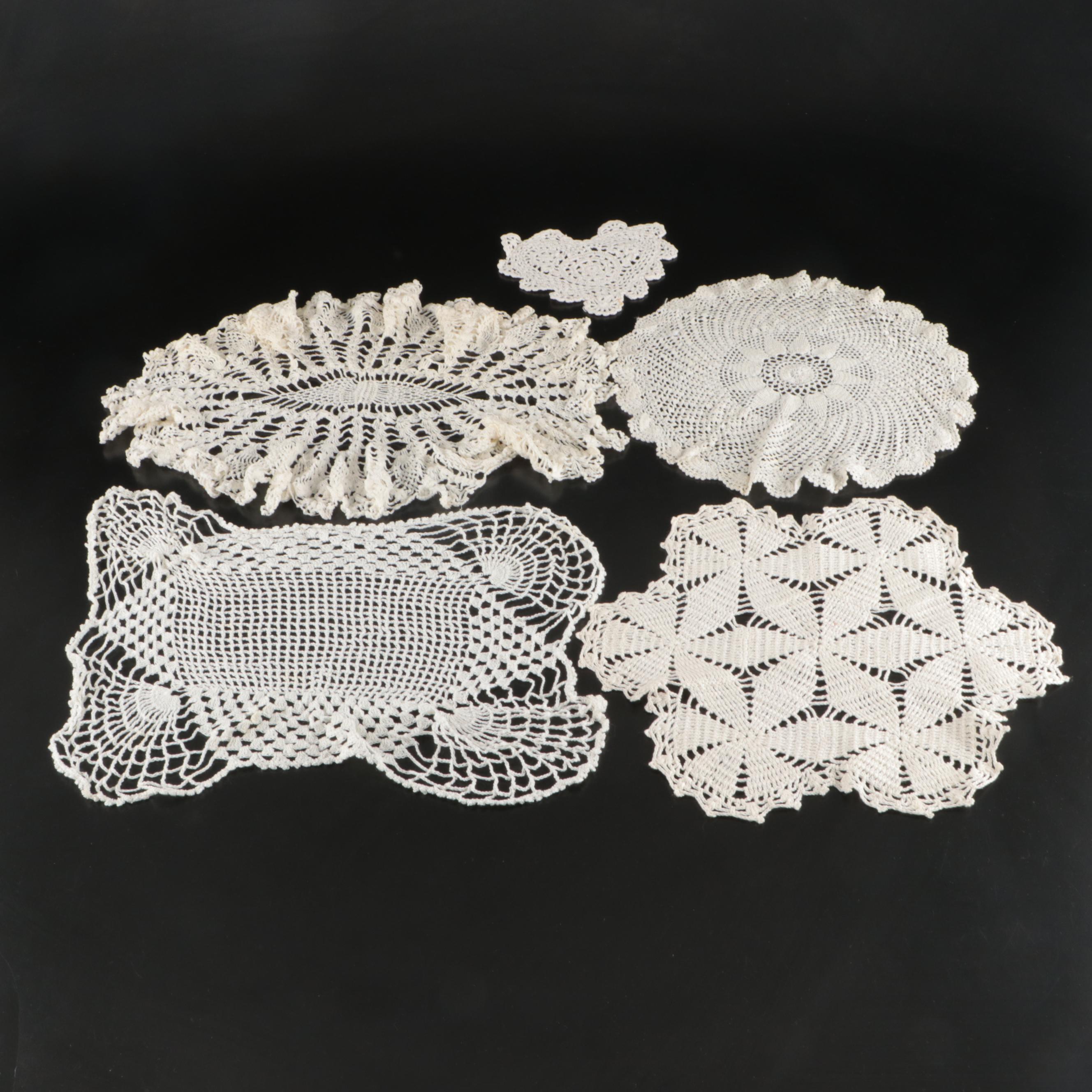 Knitted Cotton Placemats, Dollies, and Runner with Cardboard Storage Boxes