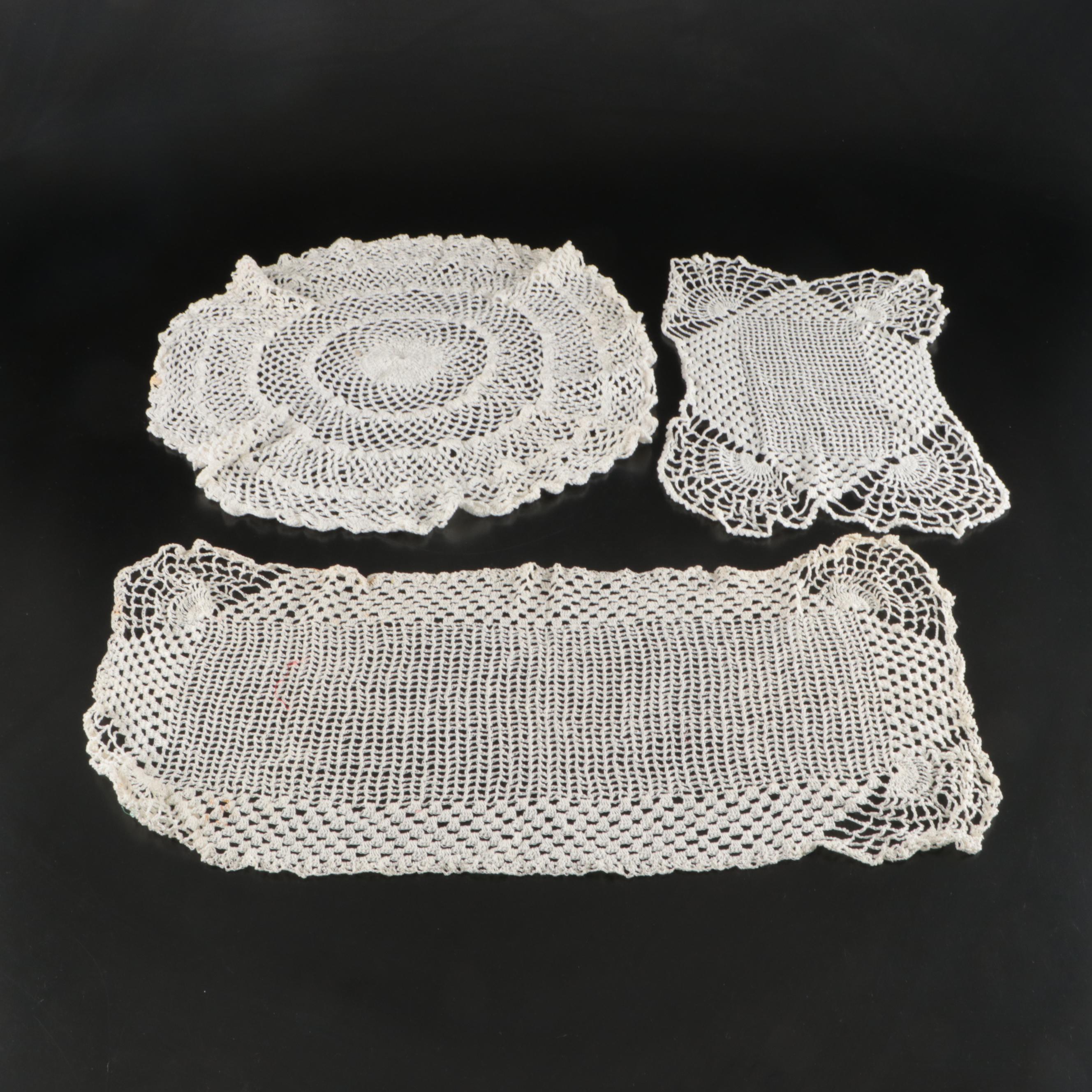 Knitted Cotton Placemats, Dollies, and Runner with Cardboard Storage Boxes