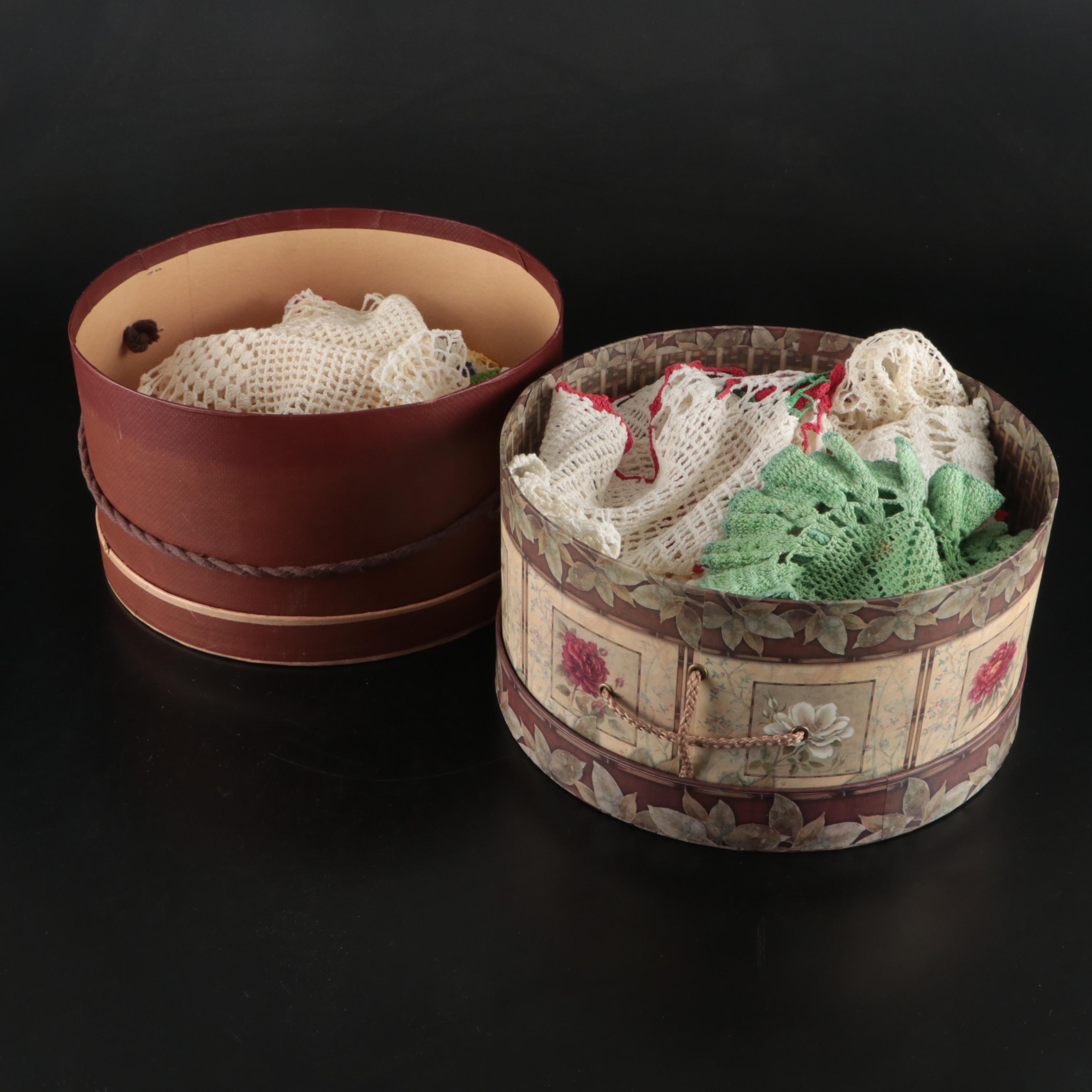 Knitted Cotton Placemats, Dollies, and Runner with Cardboard Storage Boxes