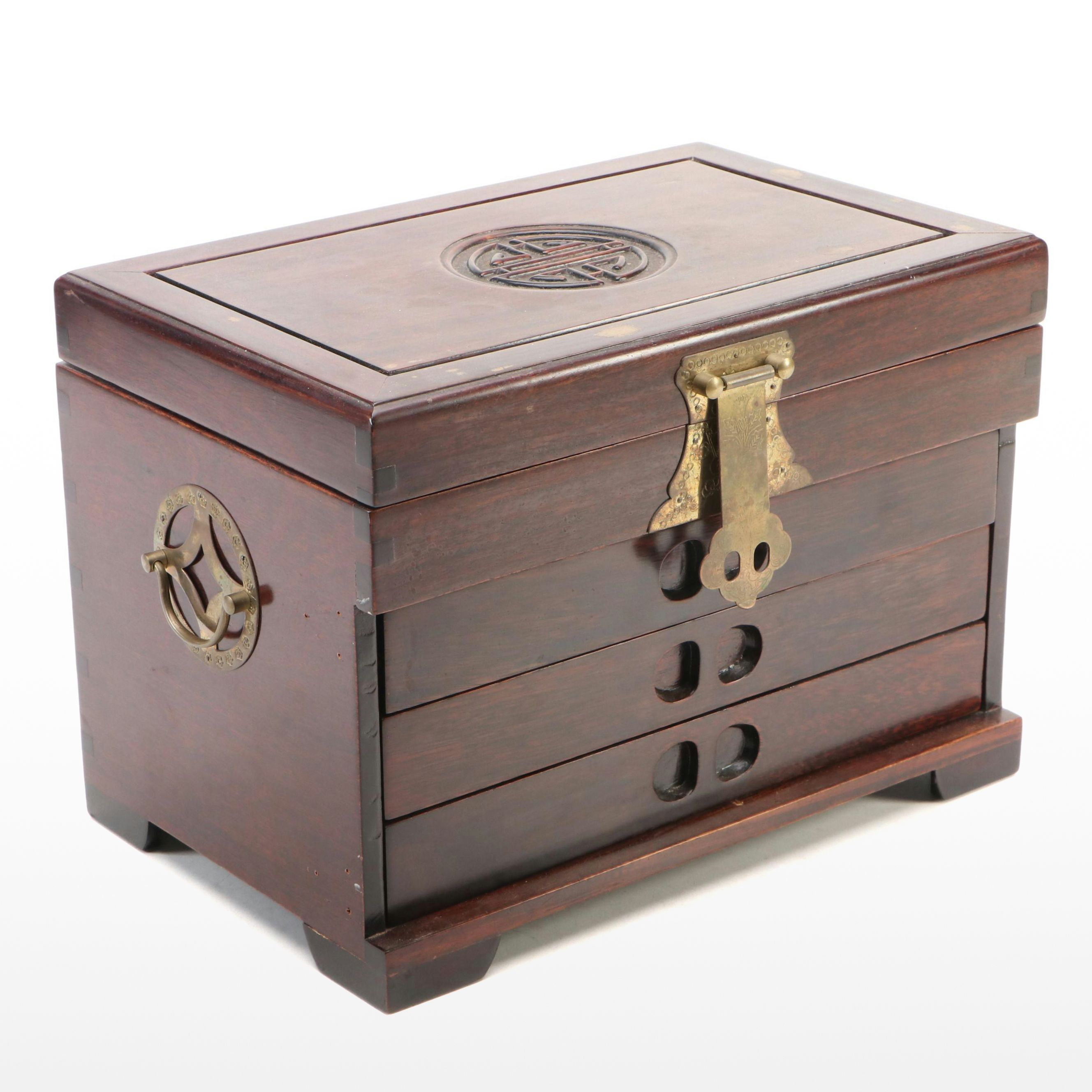 Chinese Wood and Brass Hardware Jewelry Box with Peacock Pattern Red Silk Lining