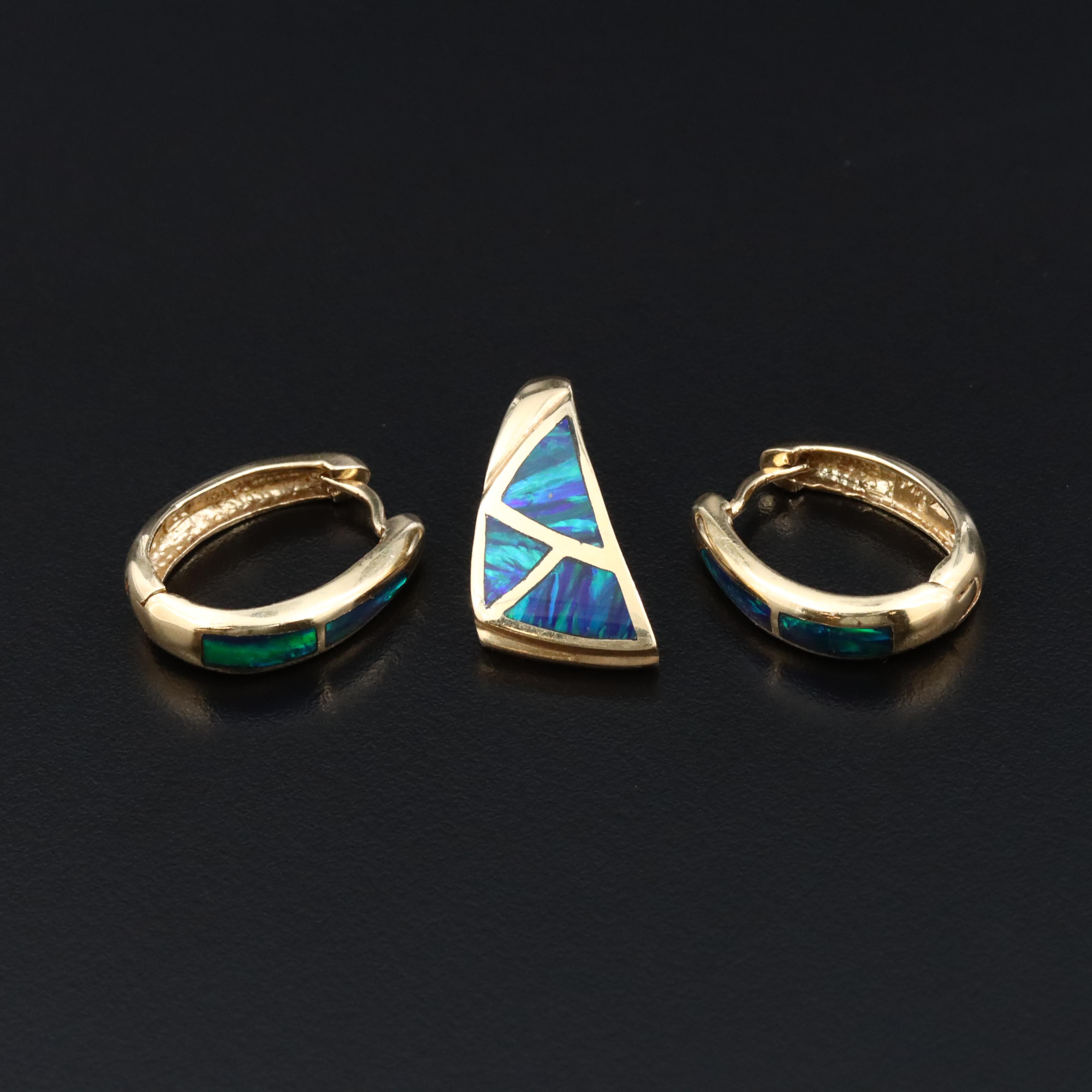 14K Opal Inlay Slide Pendant and Hoop Earrings