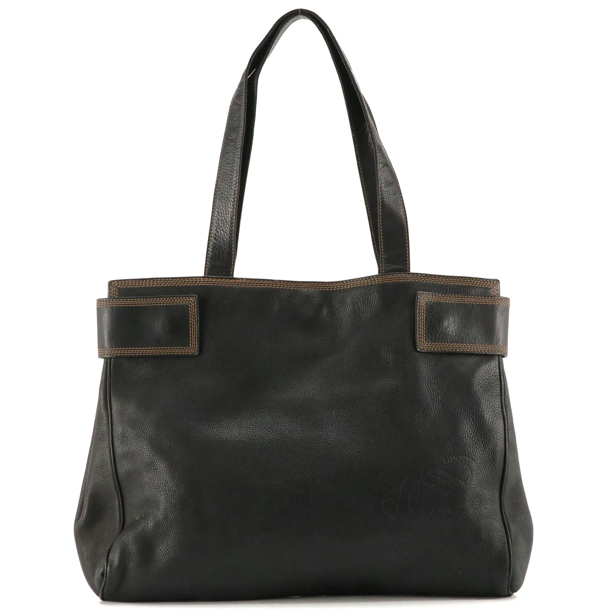 Loewe Top Stitched Shoulder Tote in Black Grained Calfskin Leather