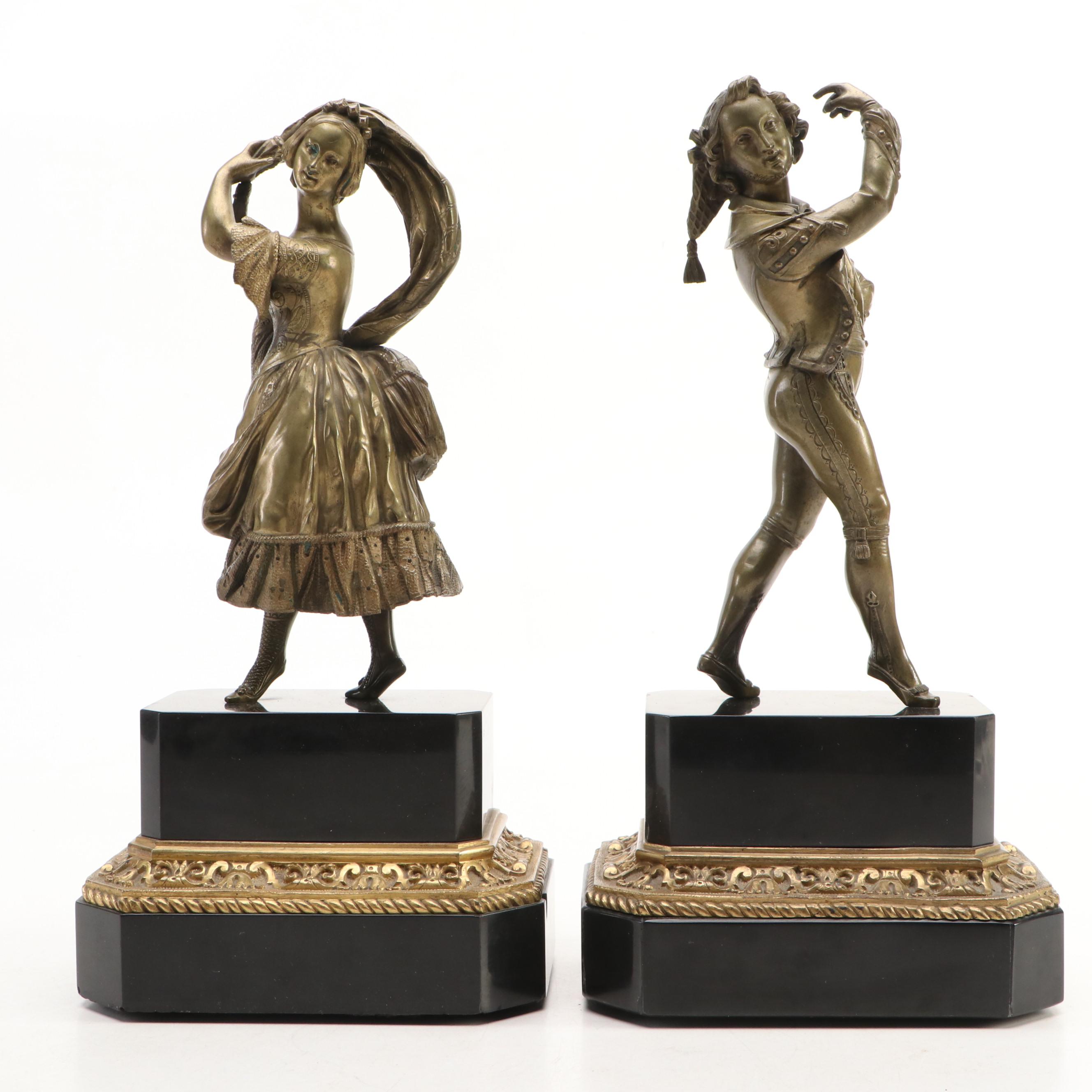 Pair of Cast Brass Dancers on Stone Bases