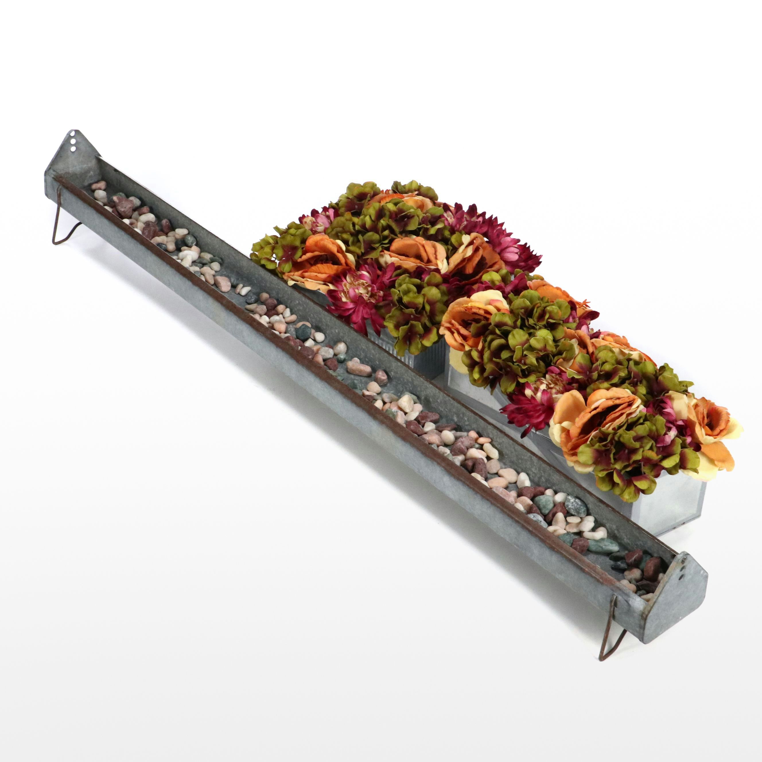 Rustic Farmhouse Style Artificial Flowers with Metal Chicken Trough and Stones