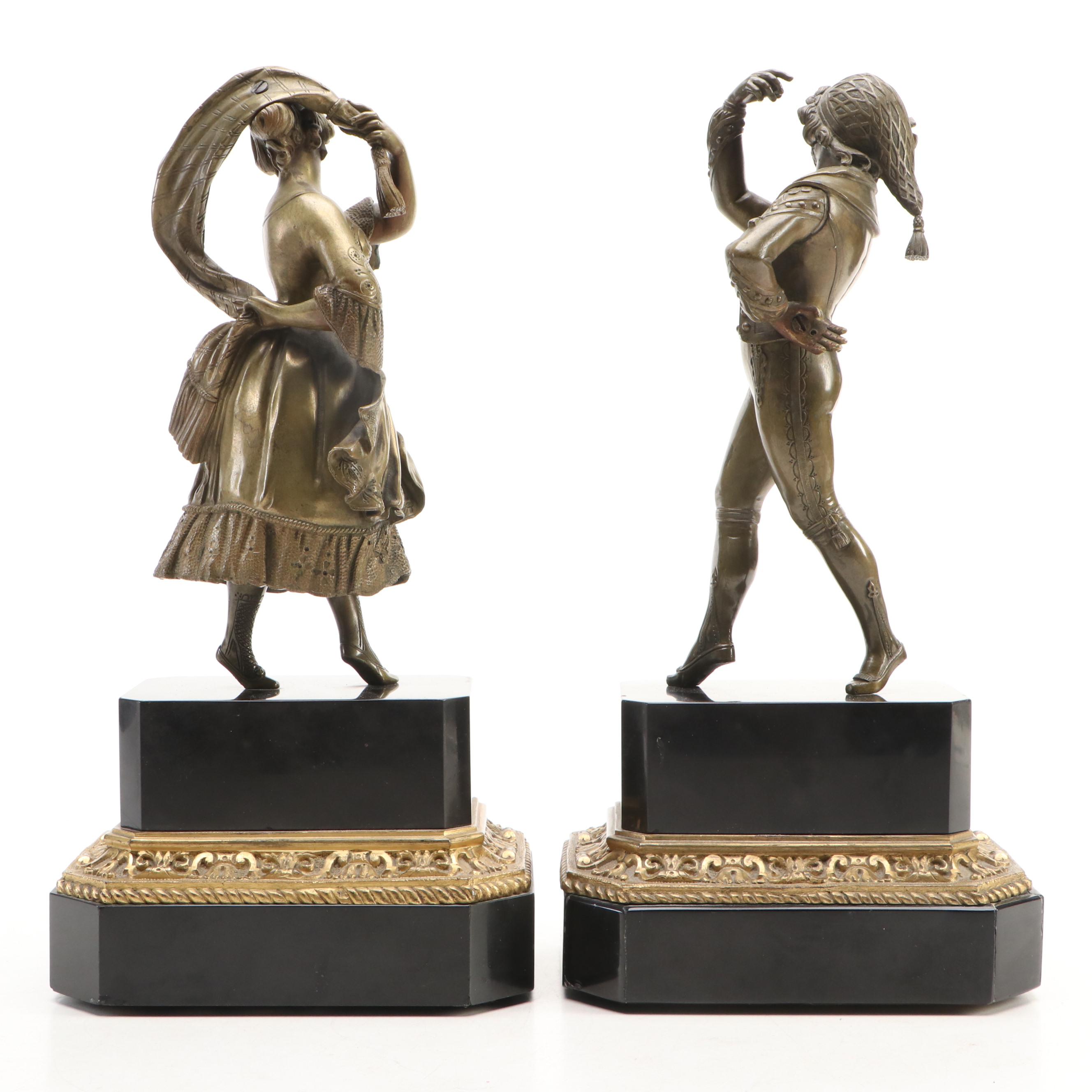 Pair of Cast Brass Dancers on Stone Bases