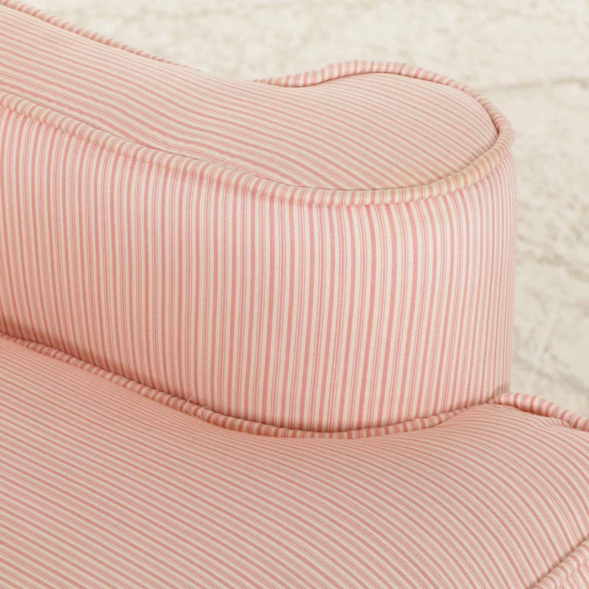 Pink Cotton Ticking Upholstered Wingback Armchair, Mid-20th Century