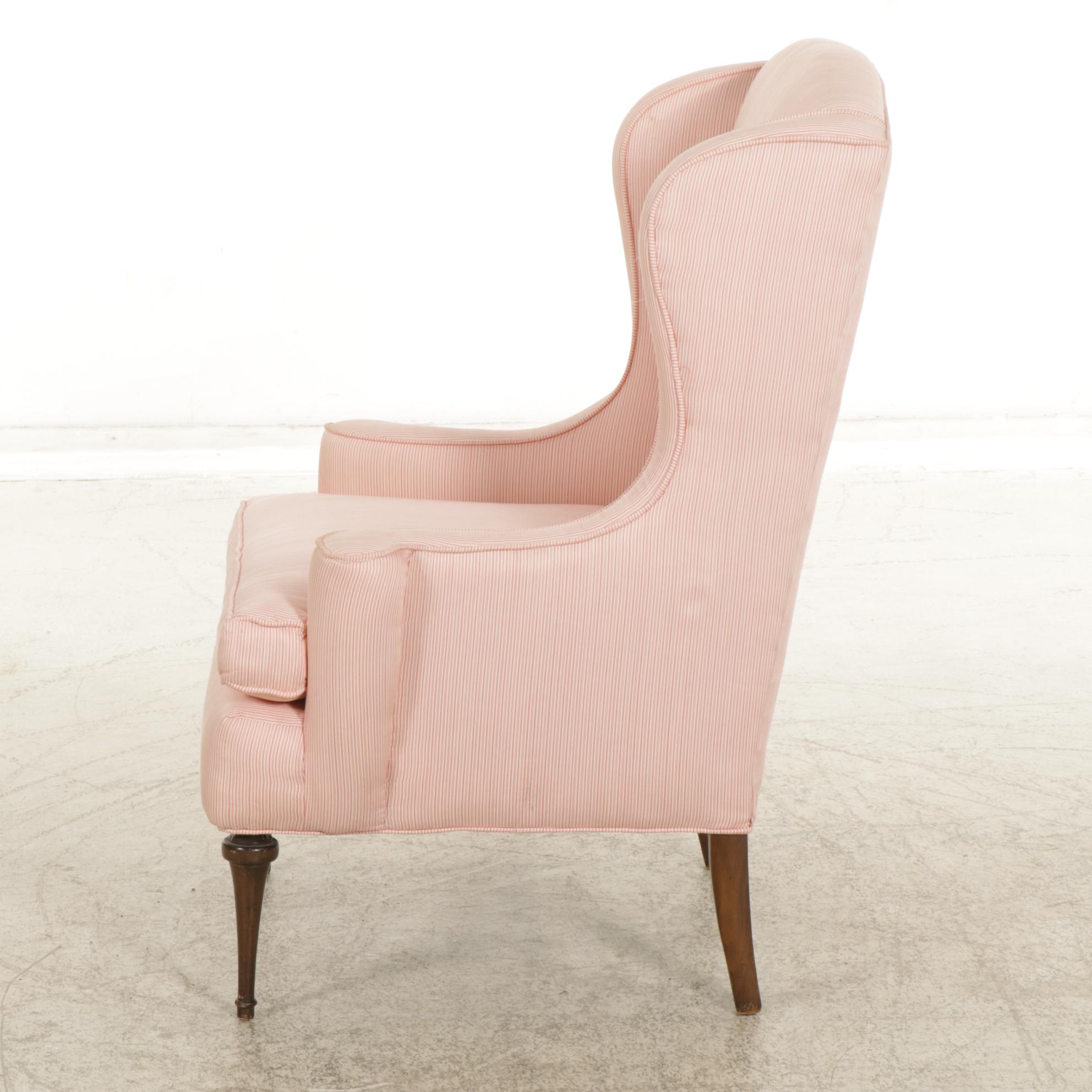 Pink Cotton Ticking Upholstered Wingback Armchair, Mid-20th Century