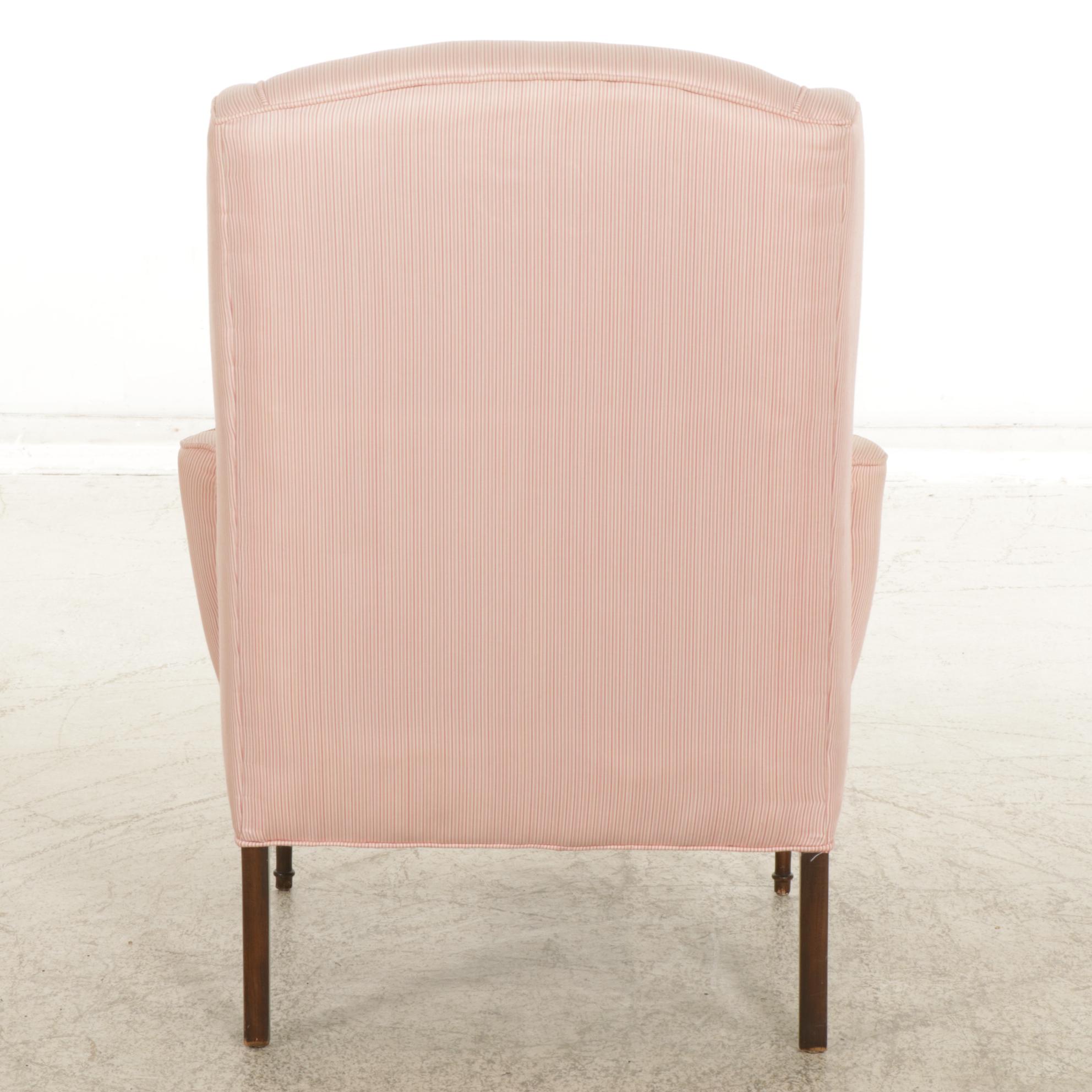Pink Cotton Ticking Upholstered Wingback Armchair, Mid-20th Century