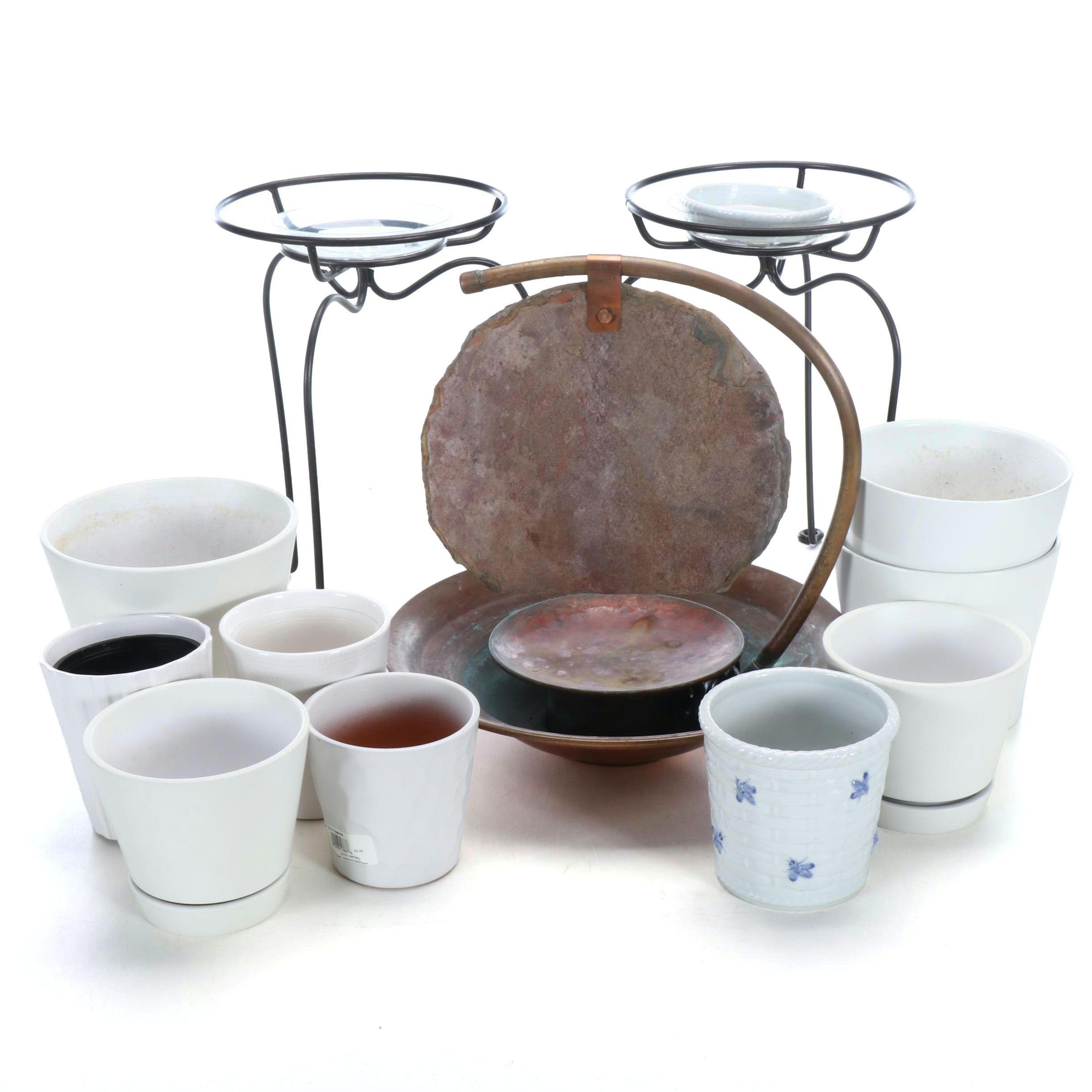Glazed Terracotta Planters, Metal Planter Stands, and Copper Water Fountain