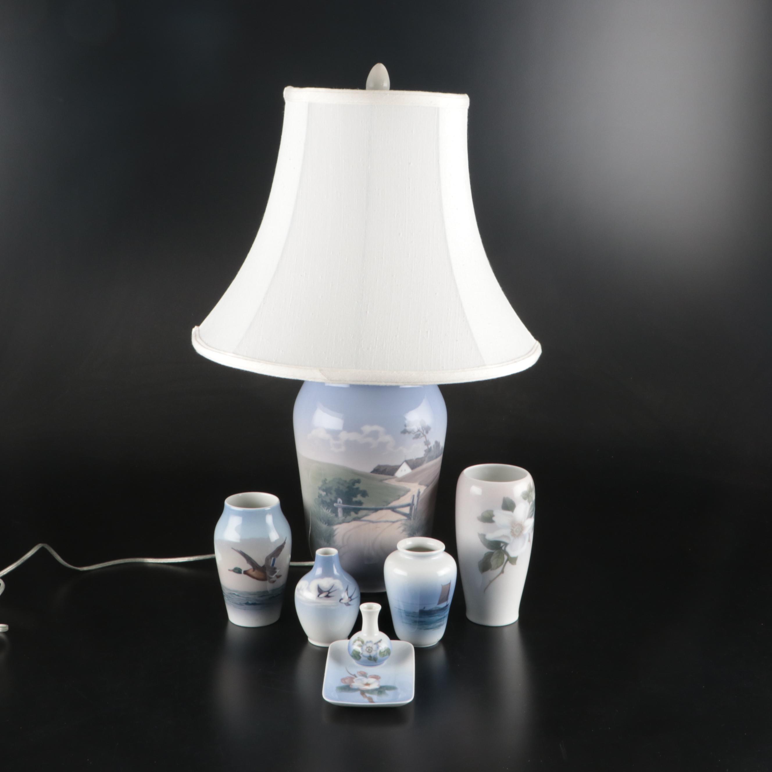 Royal Copenhagen Scenic Porcelain Table Lamp and Vases, 20th Century