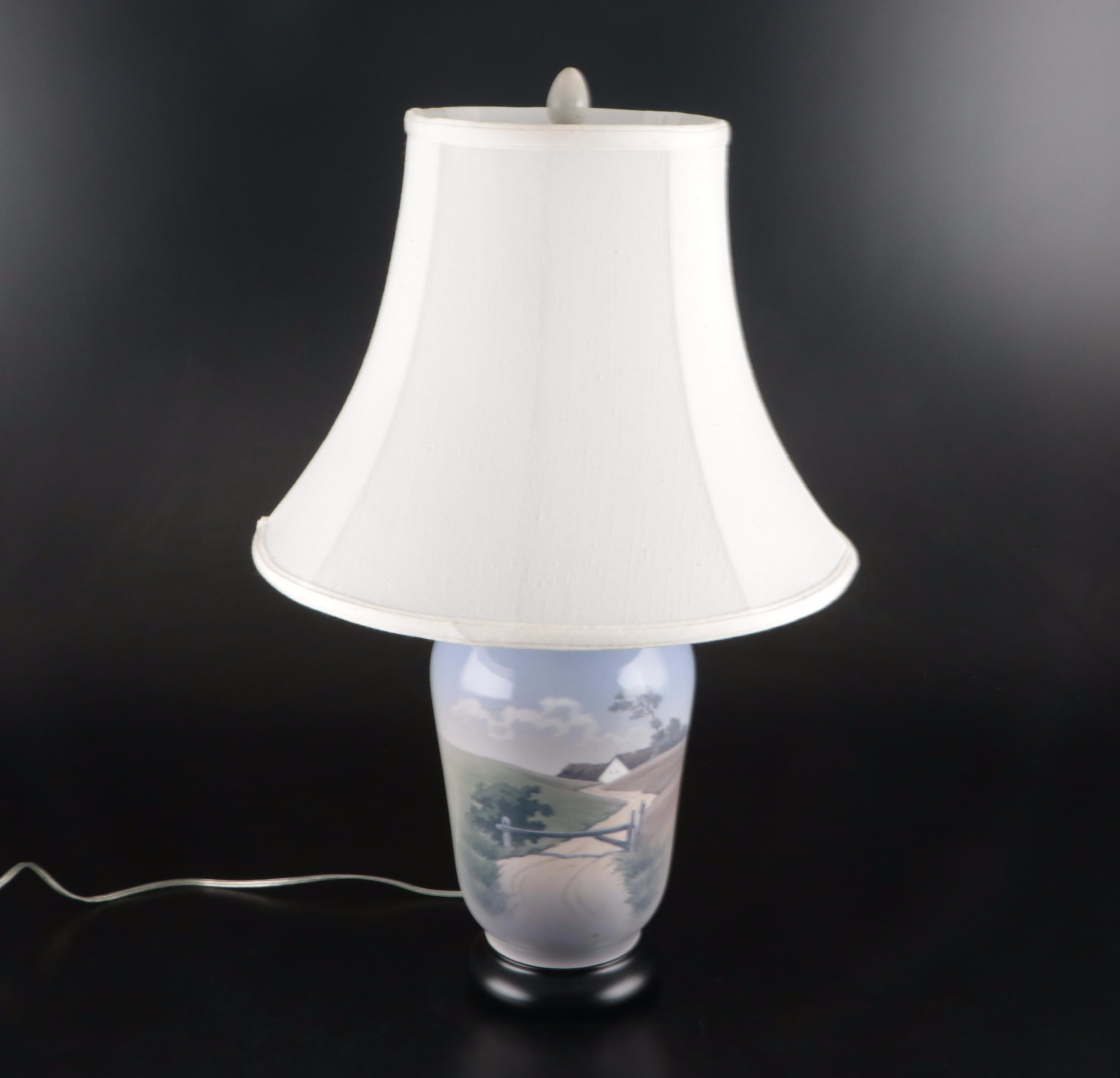 Royal Copenhagen Scenic Porcelain Table Lamp and Vases, 20th Century