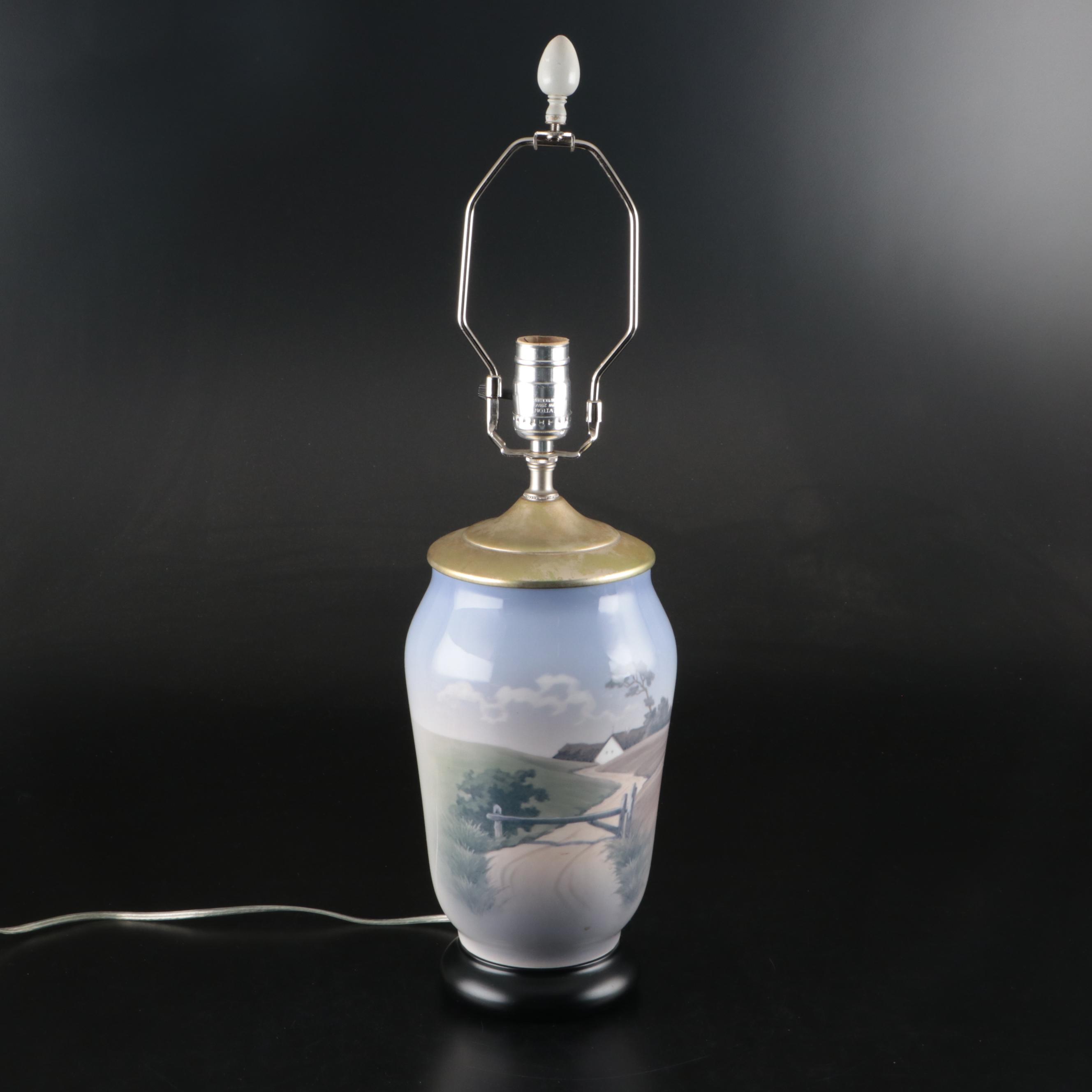 Royal Copenhagen Scenic Porcelain Table Lamp and Vases, 20th Century