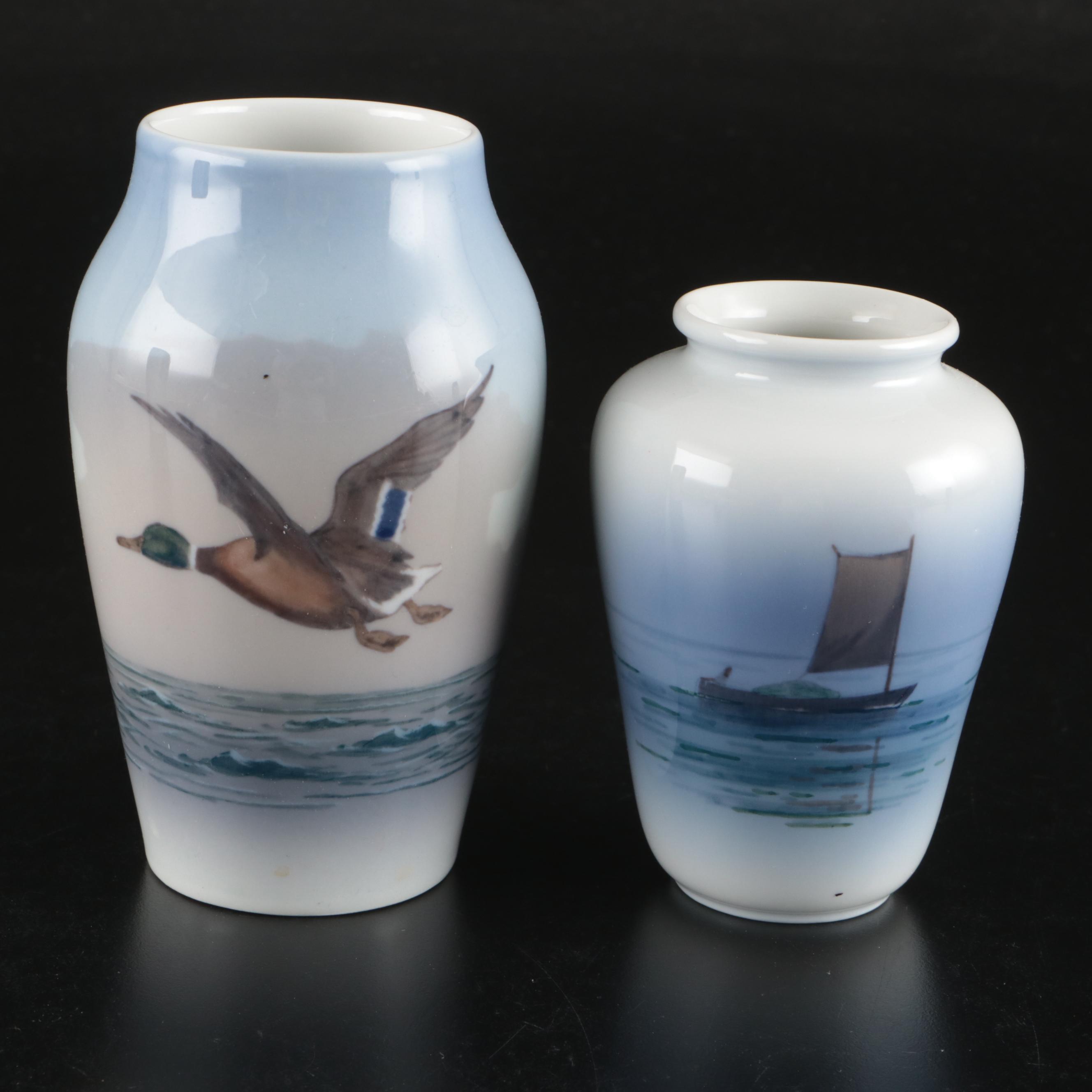 Royal Copenhagen Scenic Porcelain Table Lamp and Vases, 20th Century