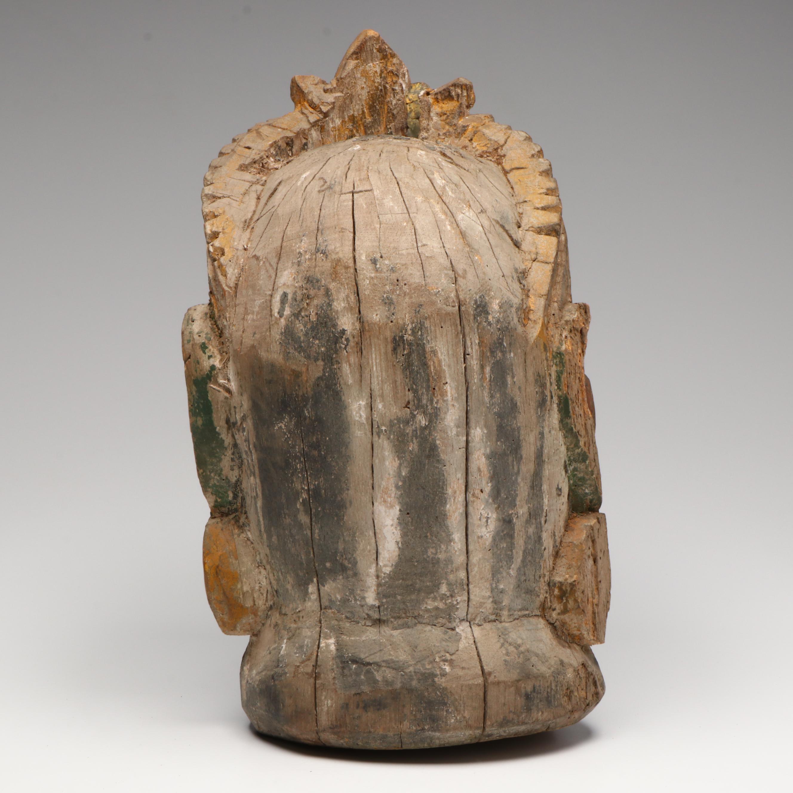 Southeast Asian Carved Polychrome Wood Head of Guardian, 20th Century