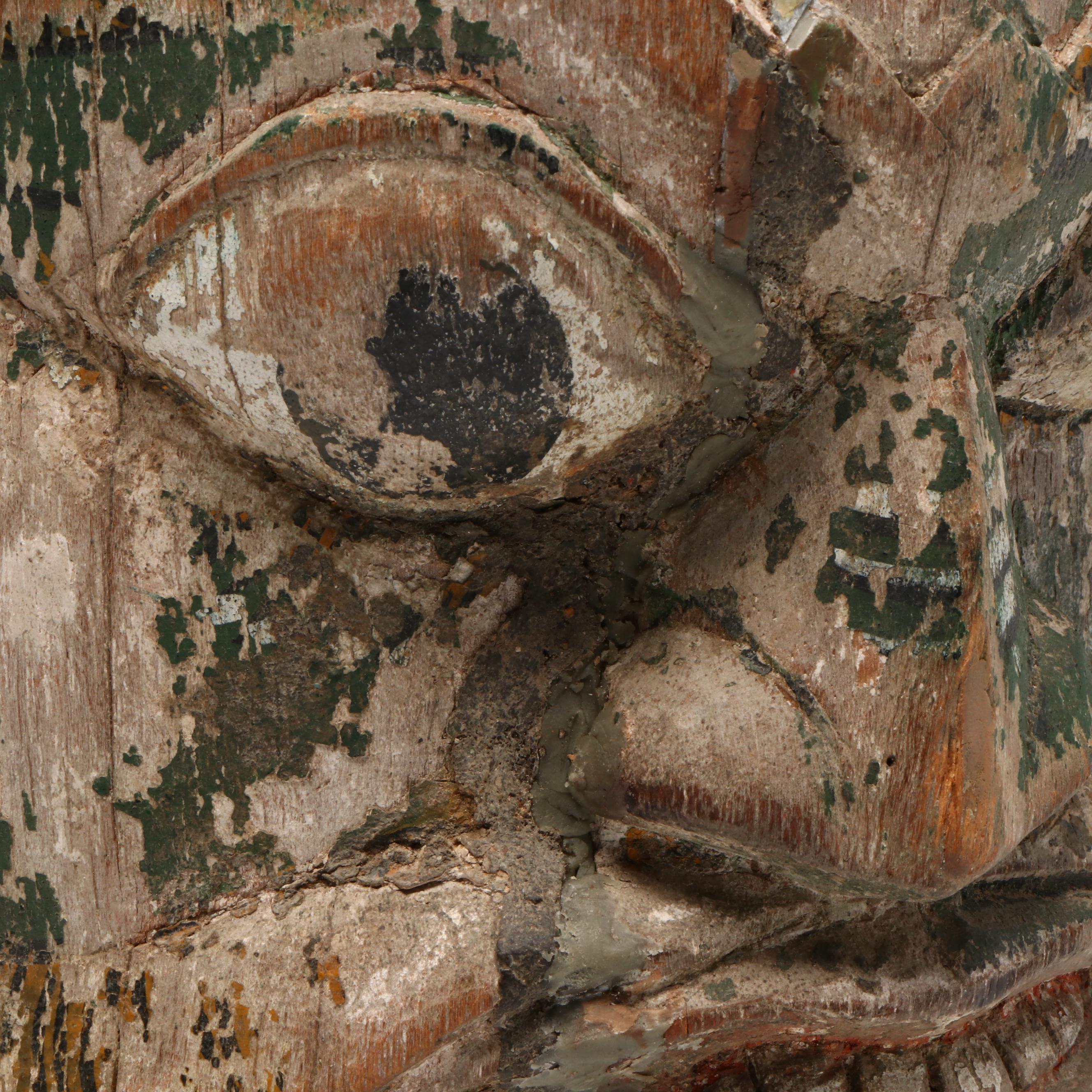 Southeast Asian Carved Polychrome Wood Head of Guardian, 20th Century