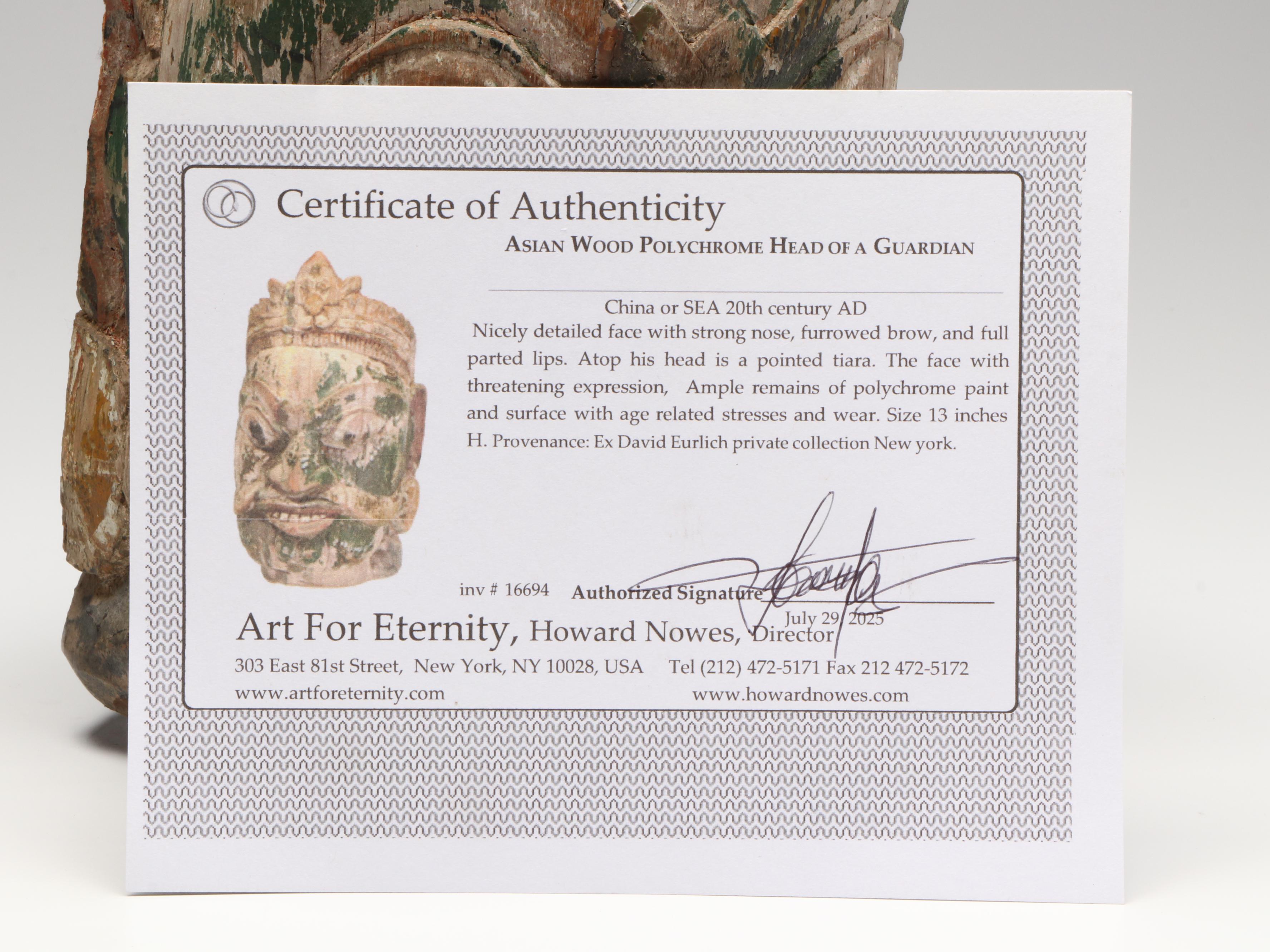 Southeast Asian Carved Polychrome Wood Head of Guardian, 20th Century