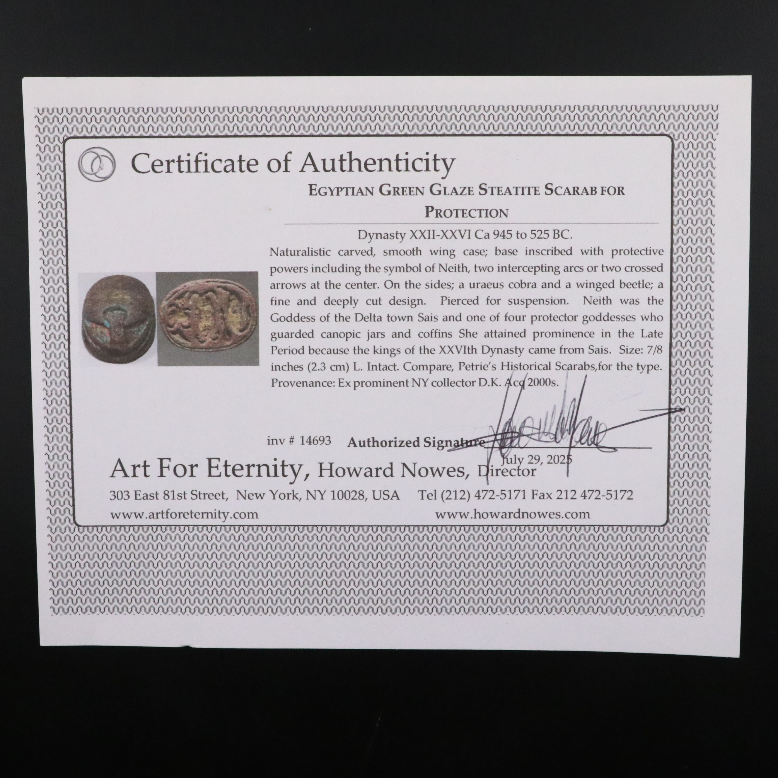 Ancient Egyptian Green Glaze Steatite Protection Scarab, Circa 945–525 BCE