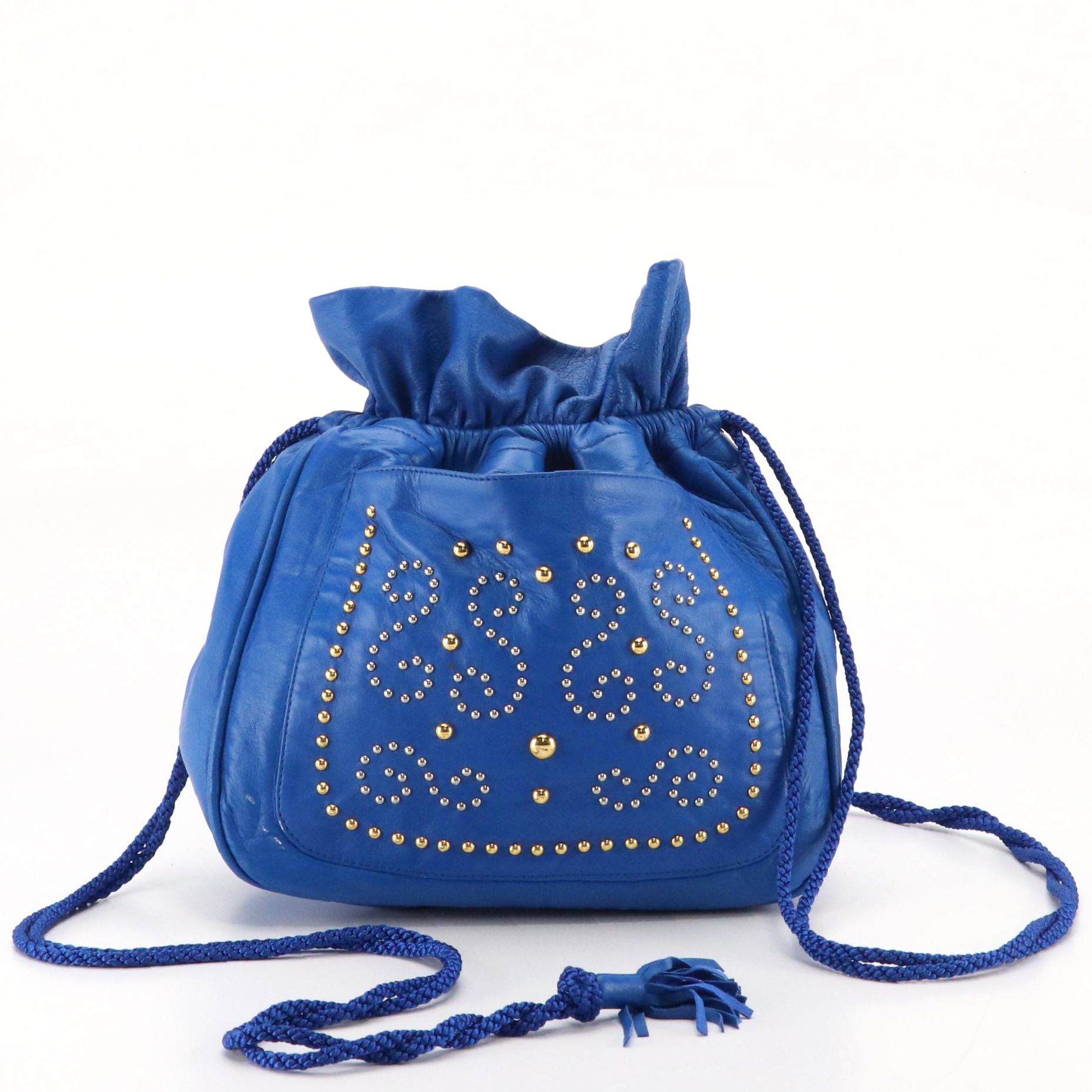Yves Saint Laurent Studded Drawstring Bucket Crossbody Bag in Blue Leather