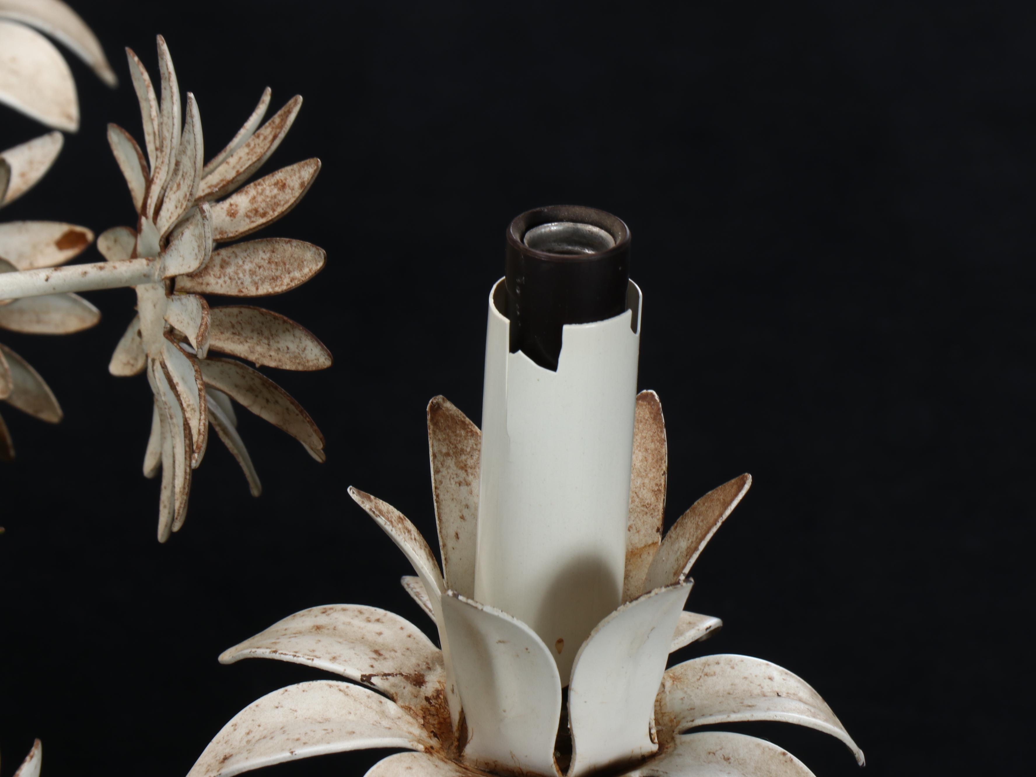 Mid-Century Italianate Enameled Metal Daisy Five-Arm Chandeliers, Pair