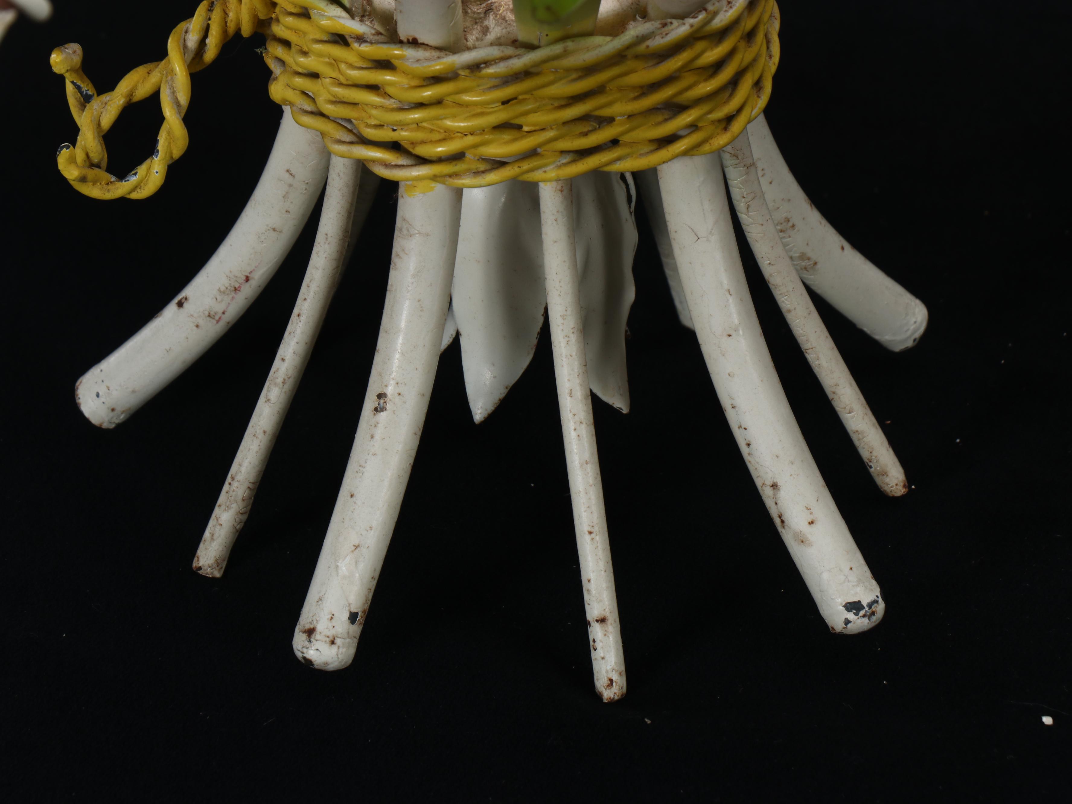 Mid-Century Italianate Enameled Metal Daisy Five-Arm Chandeliers, Pair