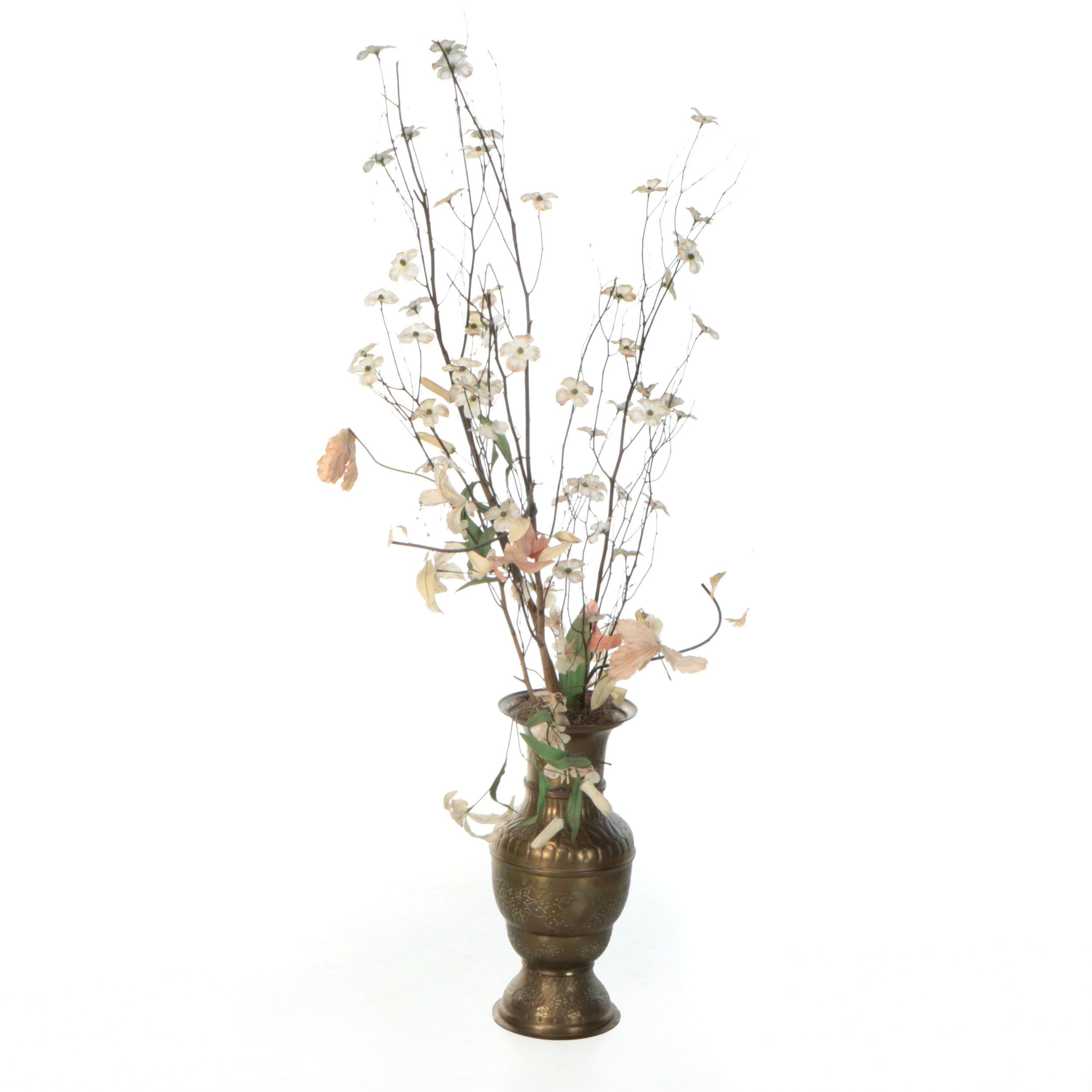 Indian Engraved Brass Vase with Artificial Flower Arrangement