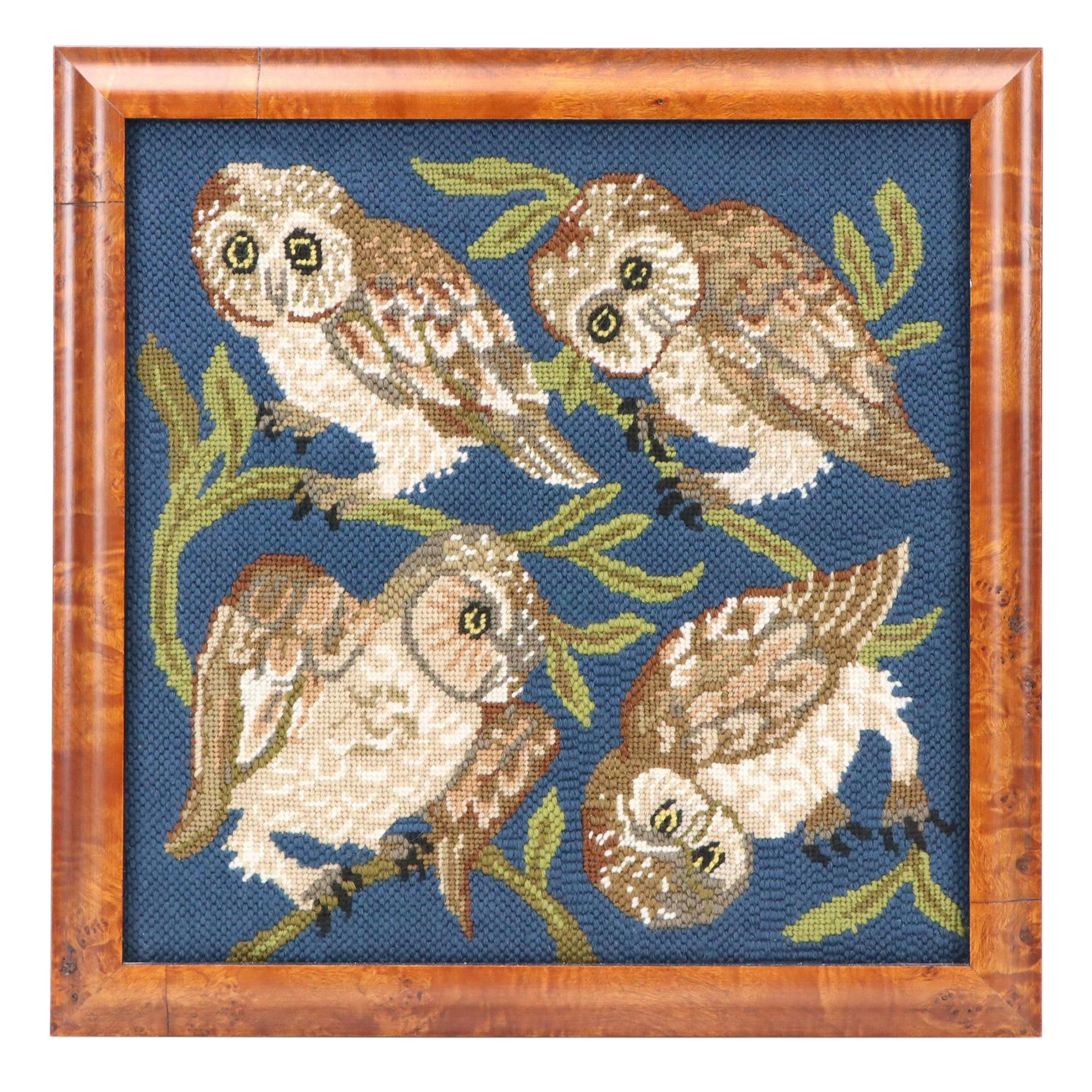 Kathleen Graf Needlepoint Panel "Owls" Design by Beth Russell