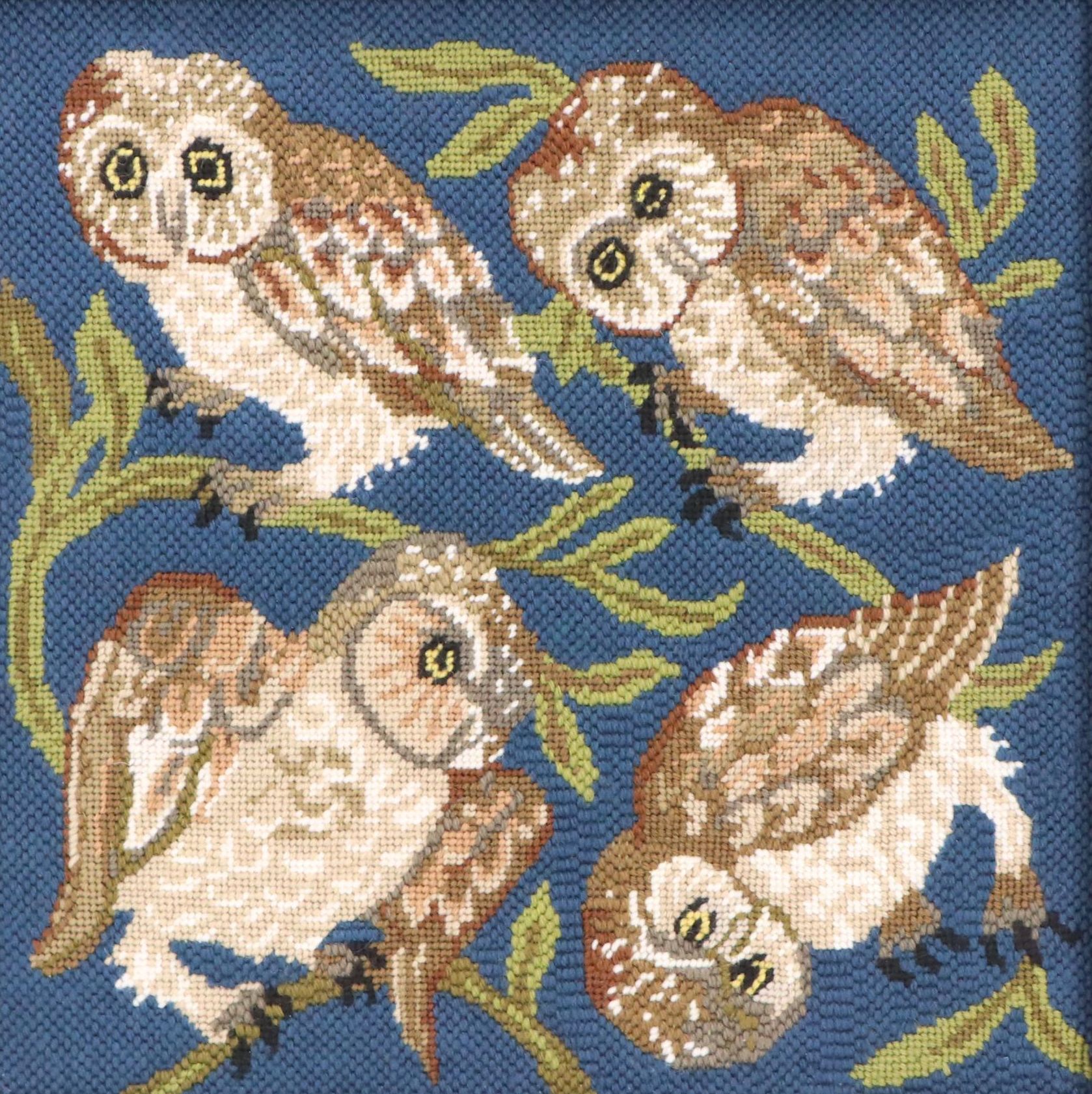 Kathleen Graf Needlepoint Panel "Owls" Design by Beth Russell