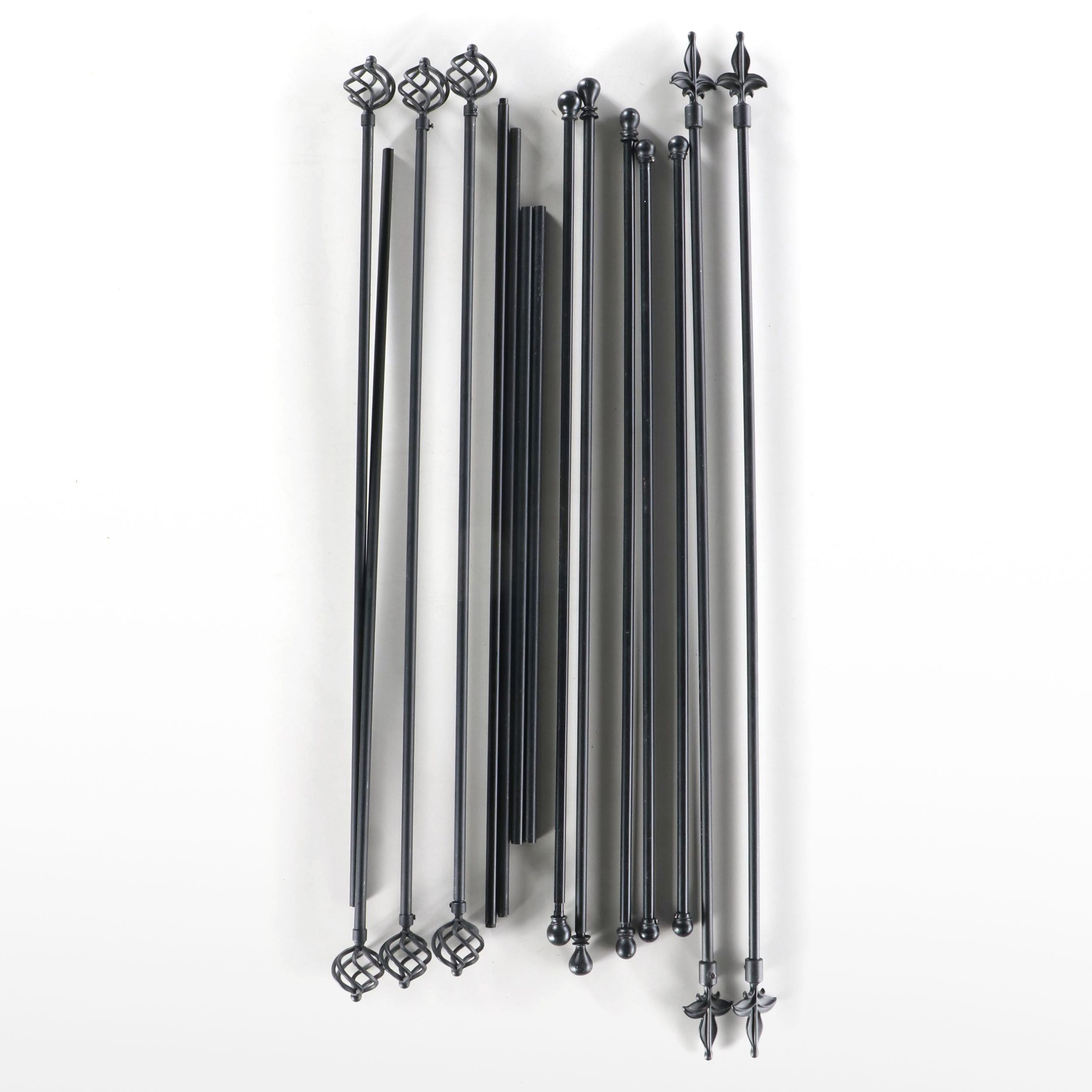 Black Metal Curtain Rods and Ties with Fleur-de-Lis, Spiral and Round Finials