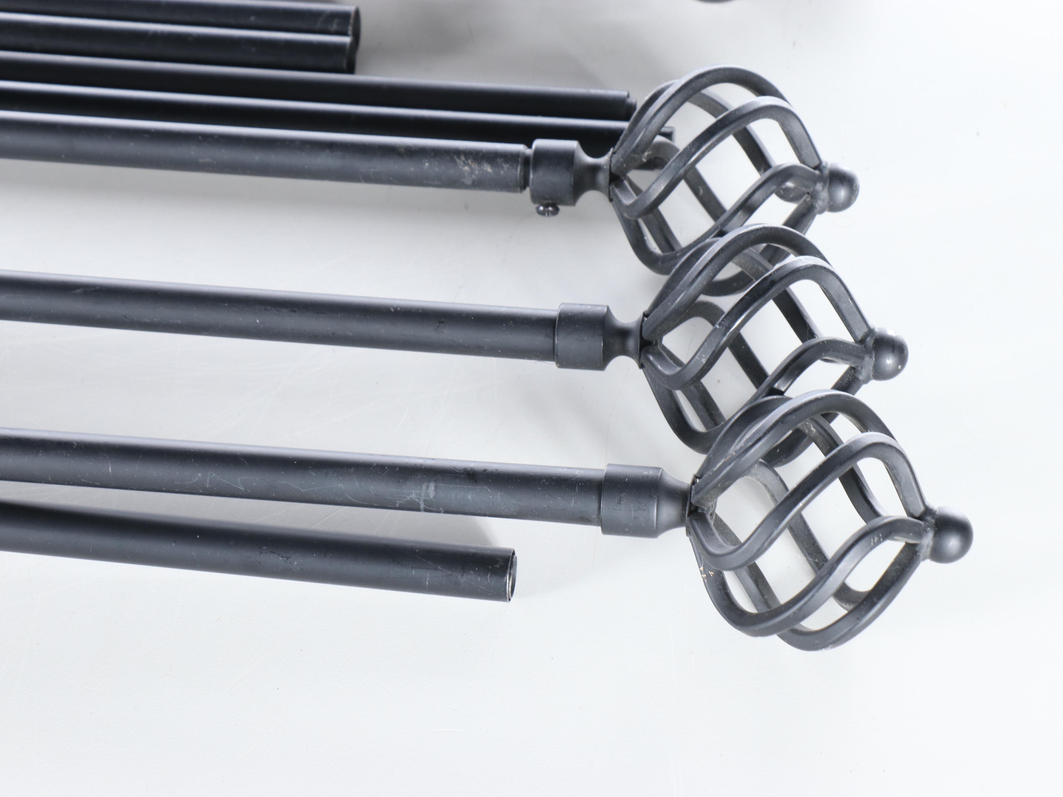 Black Metal Curtain Rods and Ties with Fleur-de-Lis, Spiral and Round Finials