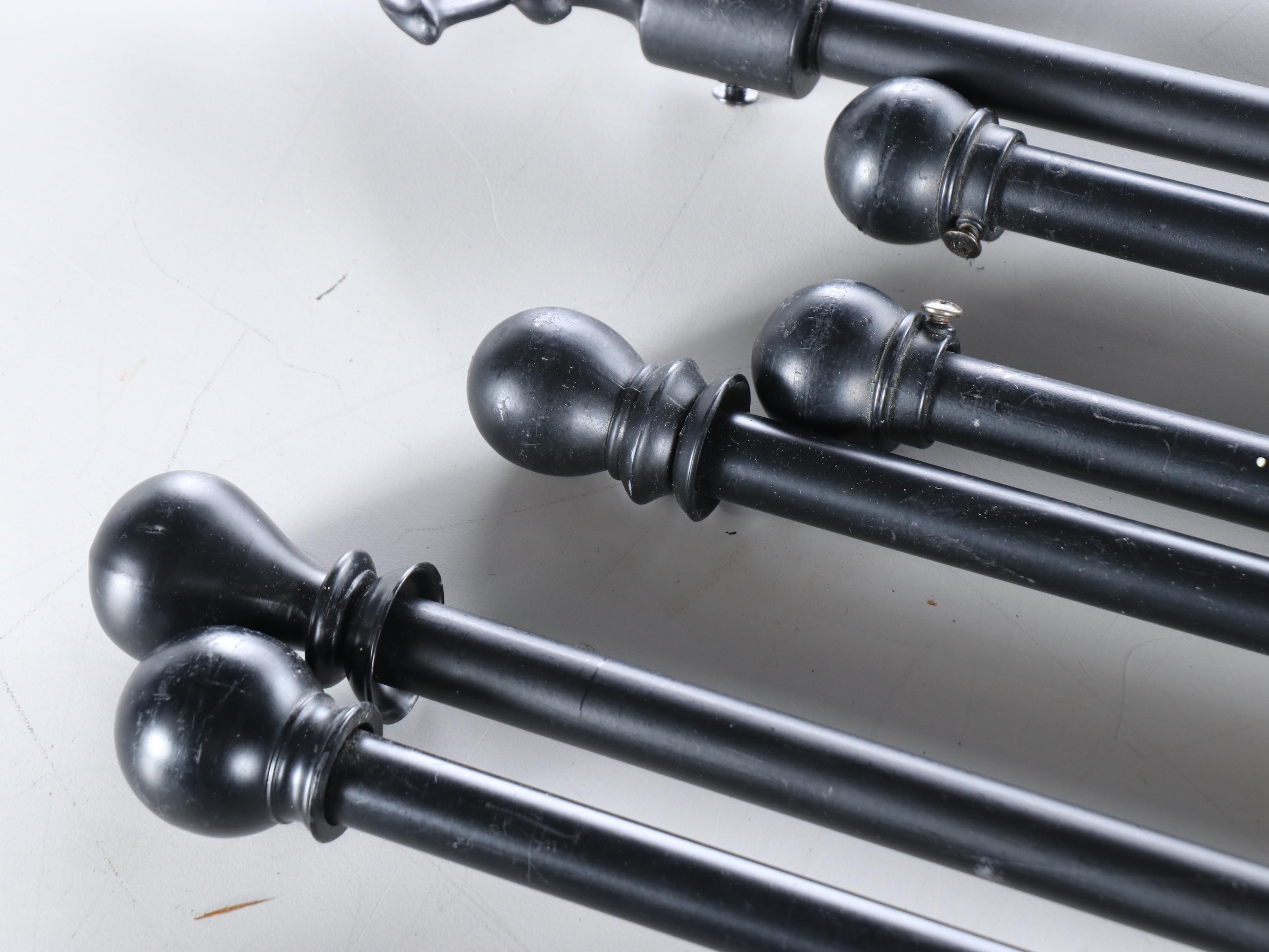 Black Metal Curtain Rods and Ties with Fleur-de-Lis, Spiral and Round Finials