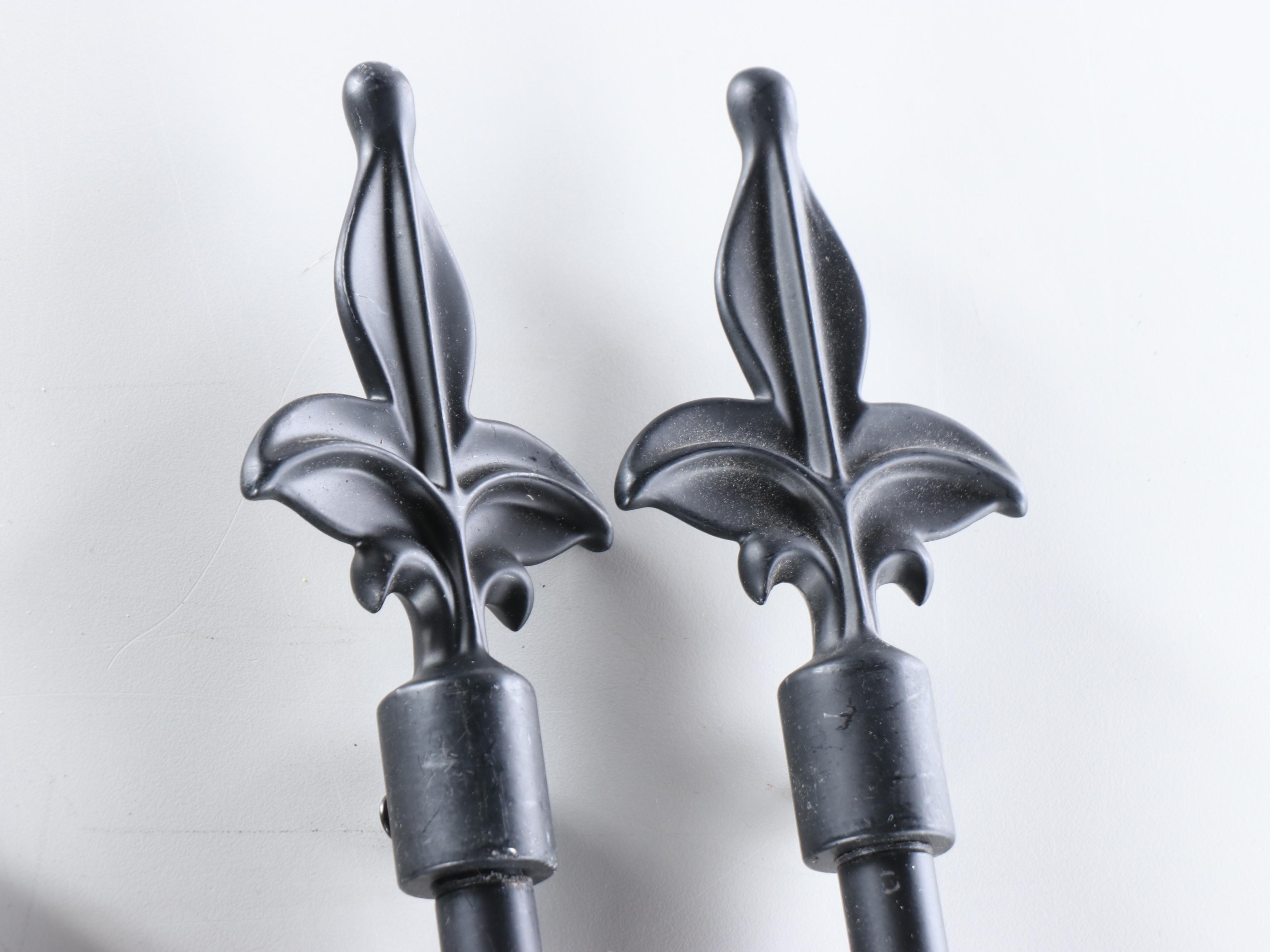 Black Metal Curtain Rods and Ties with Fleur-de-Lis, Spiral and Round Finials