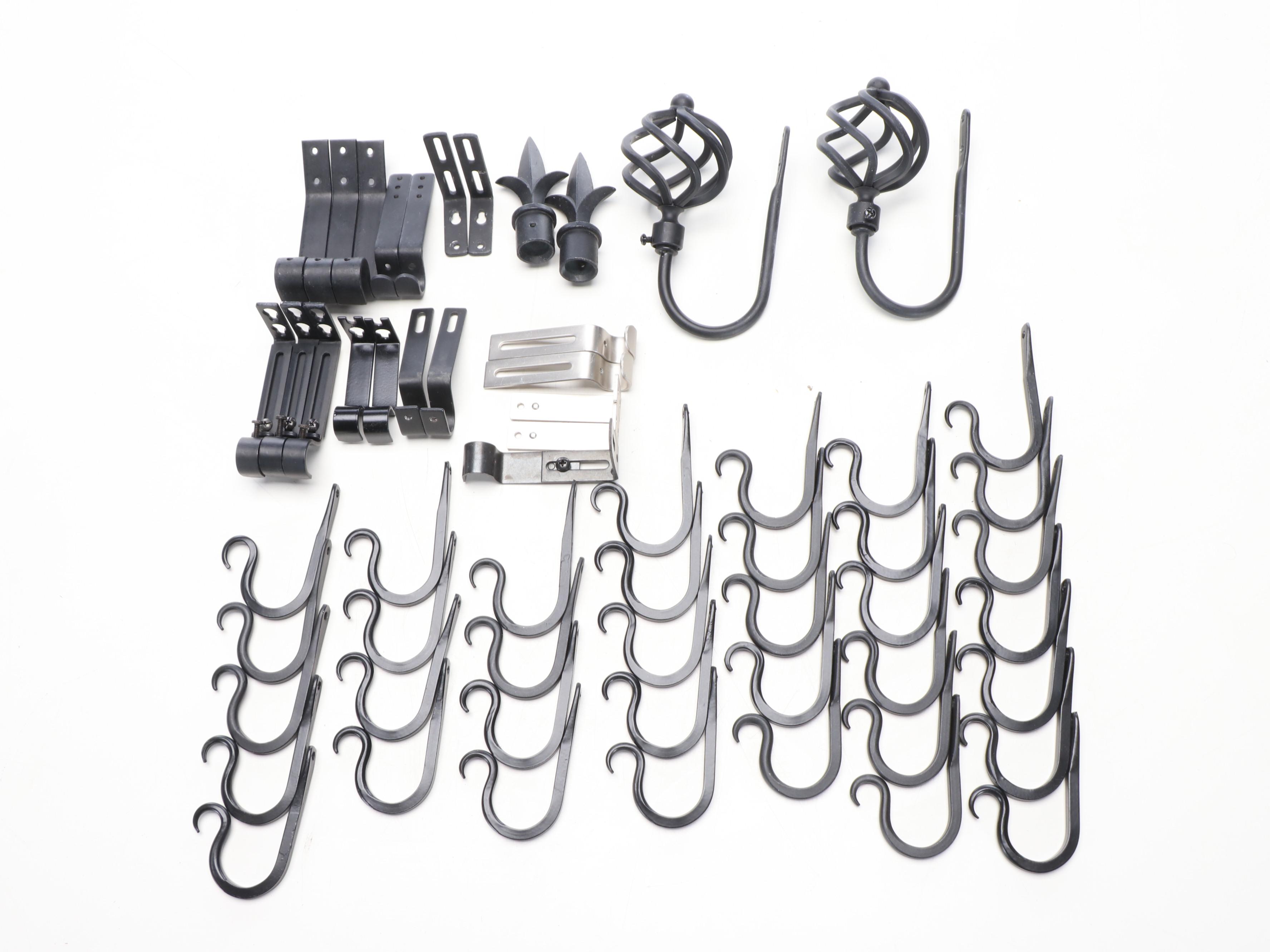 Black Metal Curtain Rods and Ties with Fleur-de-Lis, Spiral and Round Finials