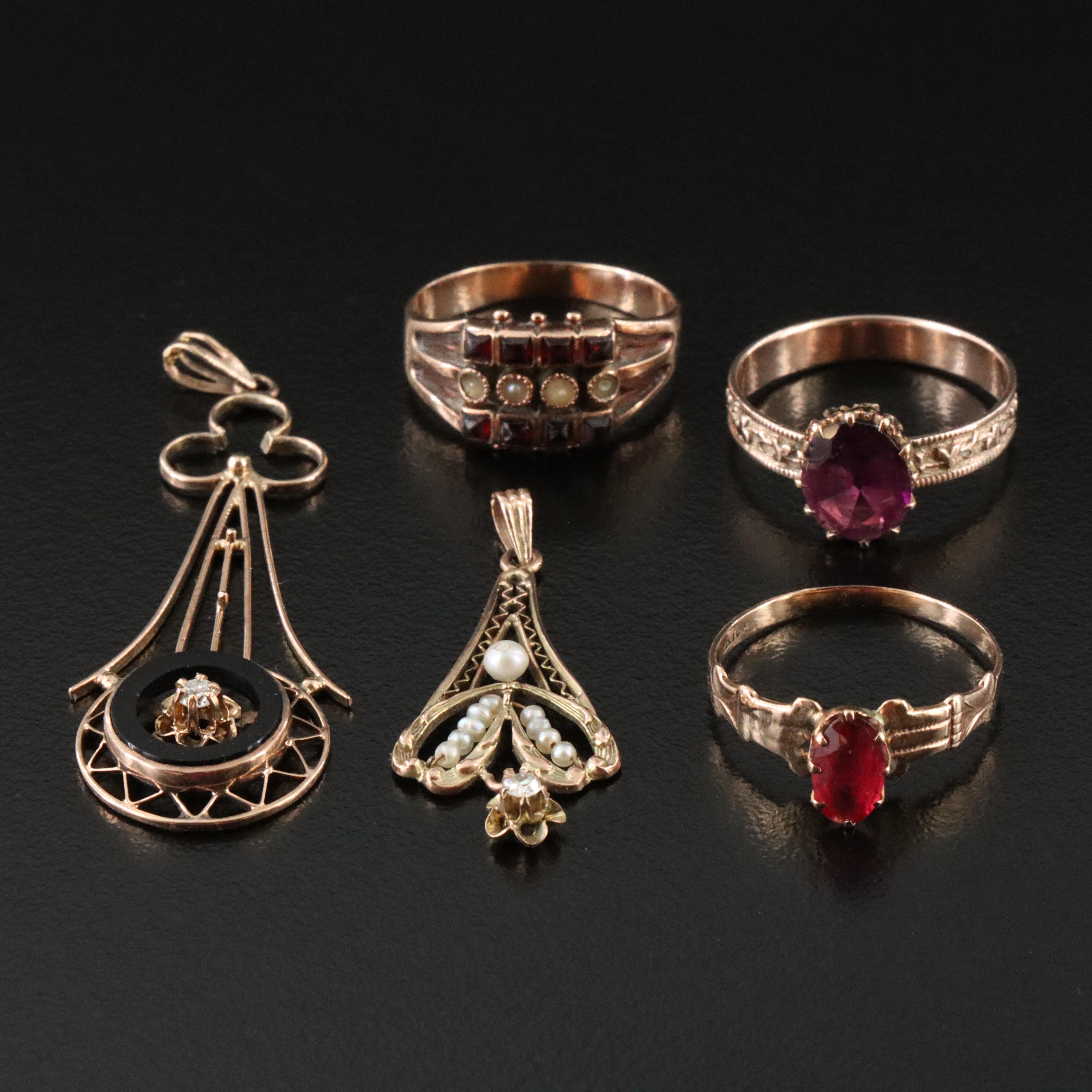 Antique 9K and 10K Rings and Pendants Including Victorian