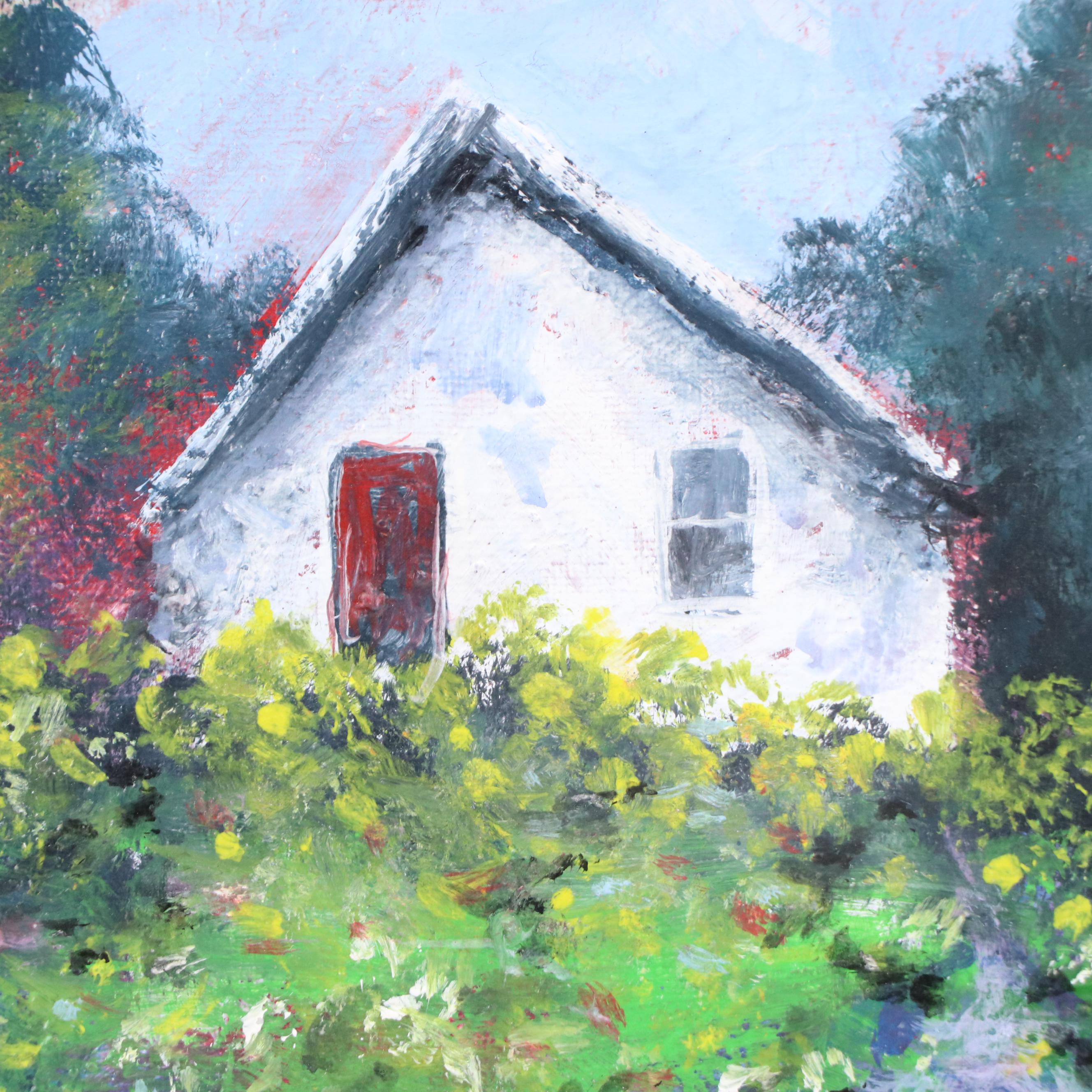Landscape Acrylic Painting of Cottage in Flowering Garden