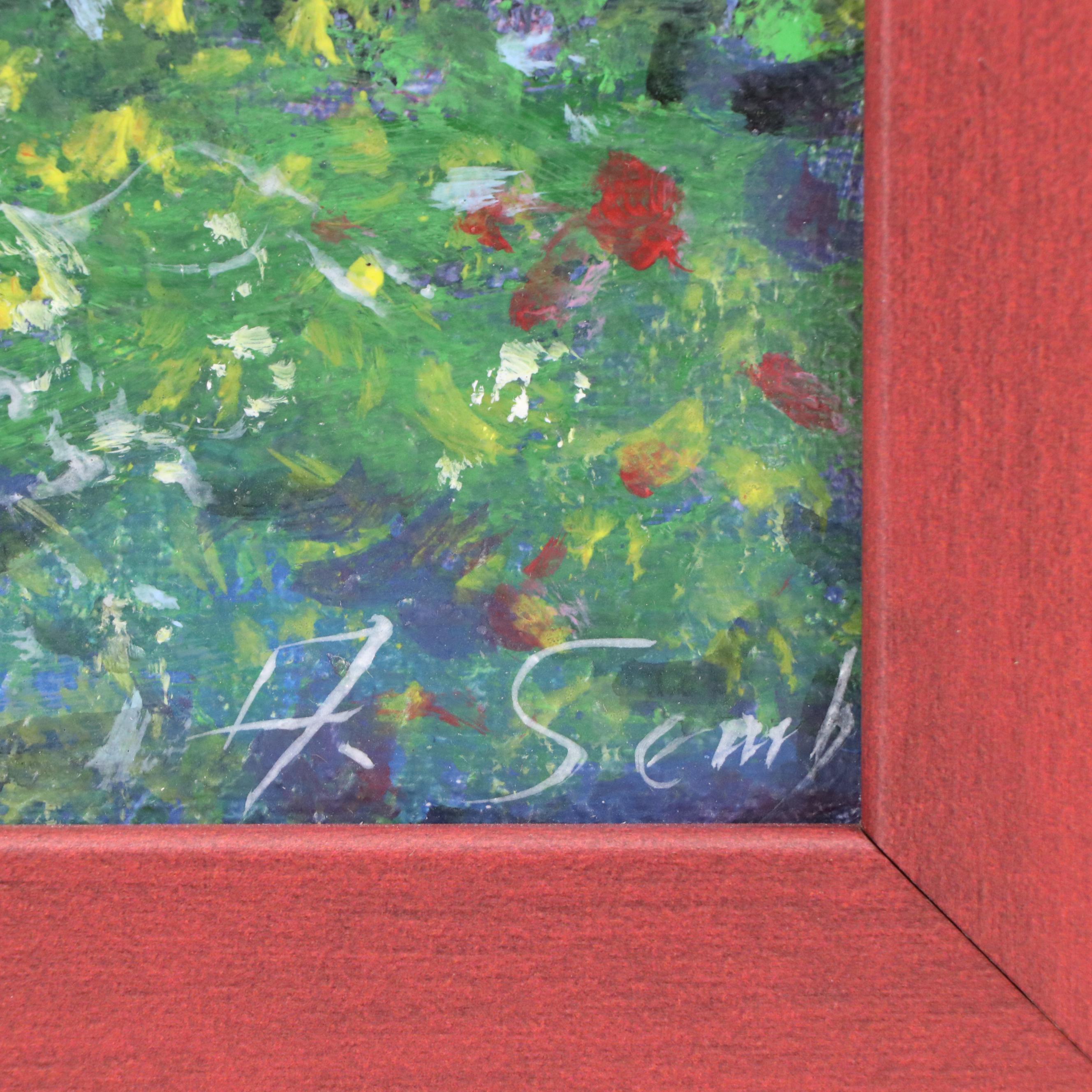 Landscape Acrylic Painting of Cottage in Flowering Garden