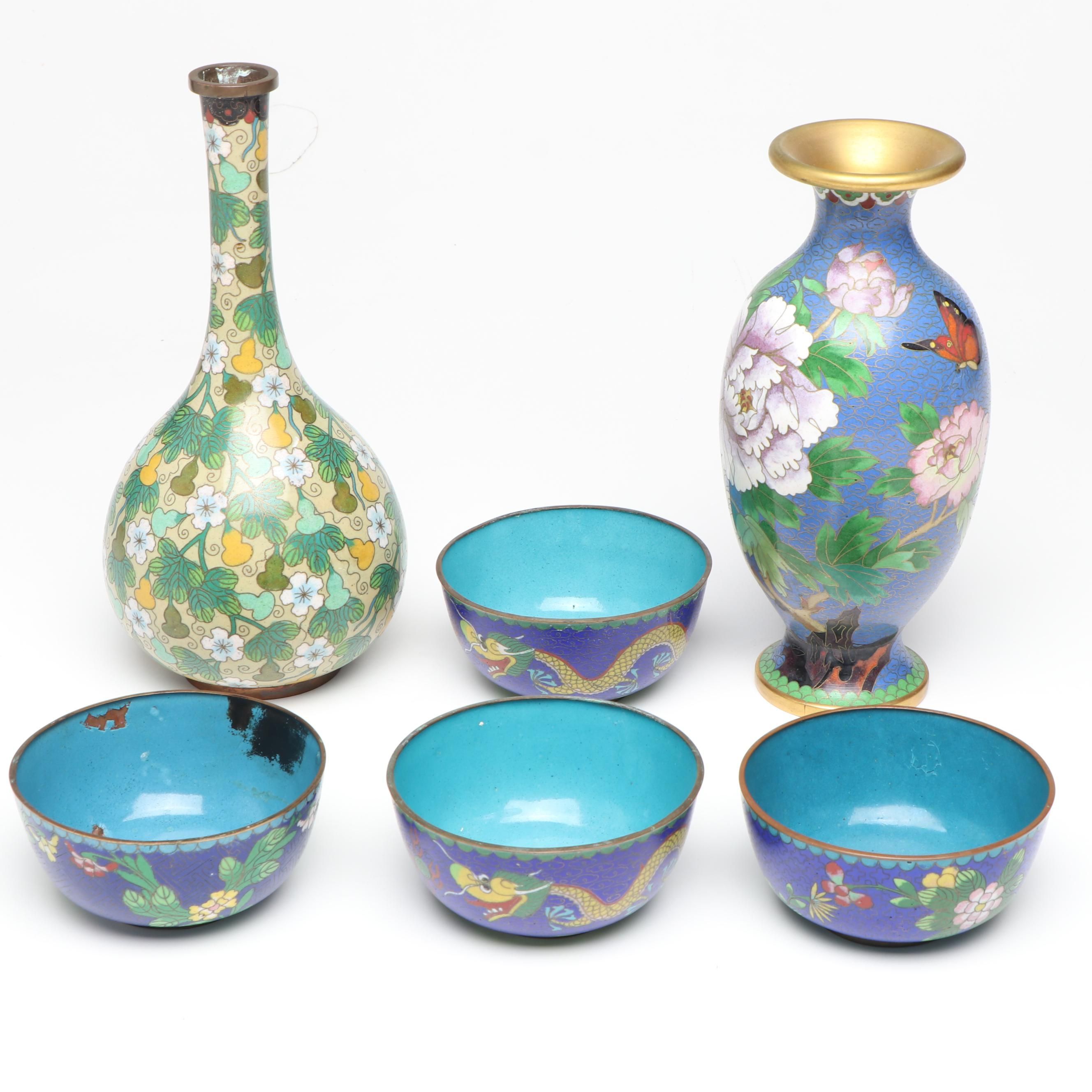 Chinese Cloisonné Enamel Metal Bowls and Vases