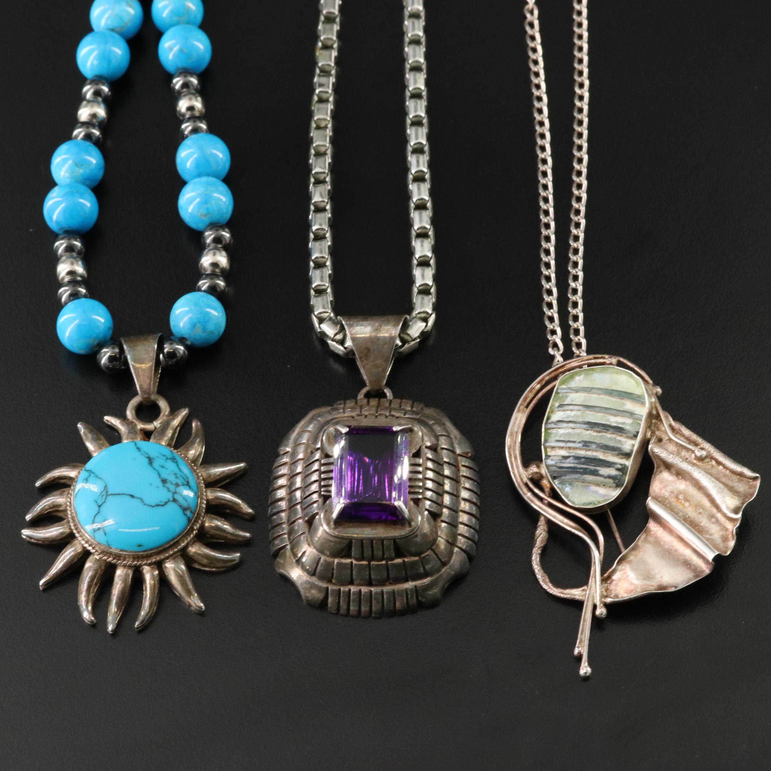 Roman Style Glass, Sterling and Amethyst Featured in Necklace Trio
